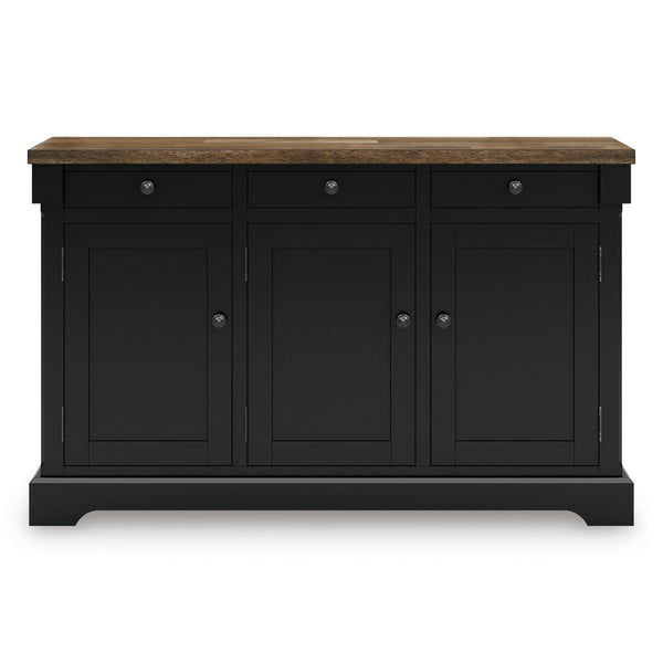 Signature Ashley Wildenauer dining room buffet server with wood finish and multiple storage compartments.