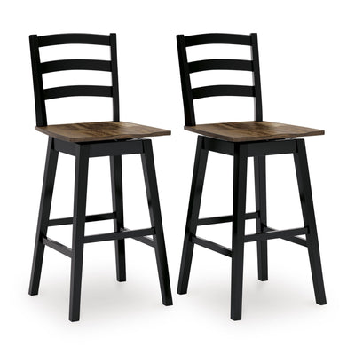 Pair of Wildenauer Ashley swivel barstools with dark wood finish and cushioned seats, ideal for modern dining or bar areas.