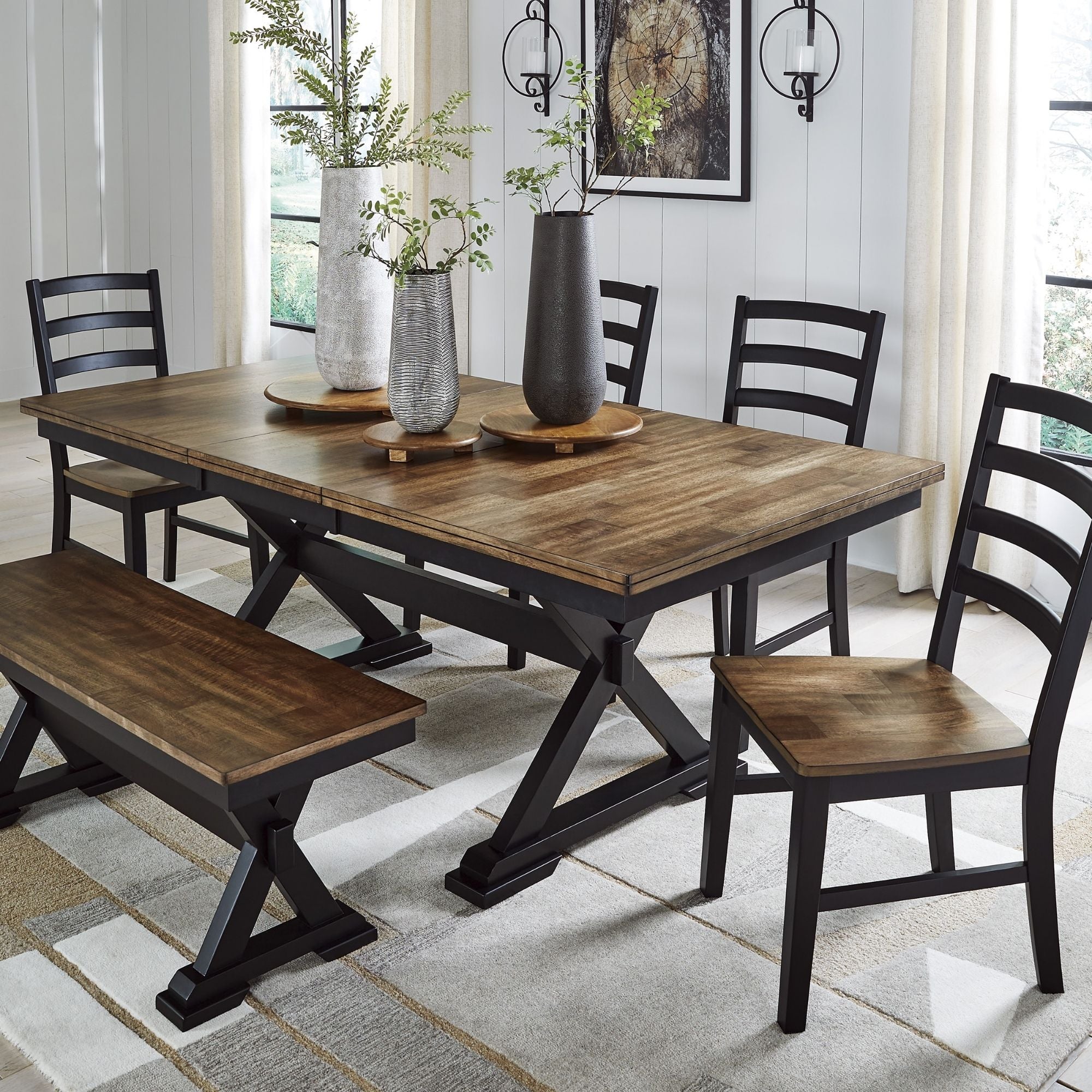 Ashley Wildenauer dining room set with table, chairs, and matching bench, modern wooden furniture for dining area.