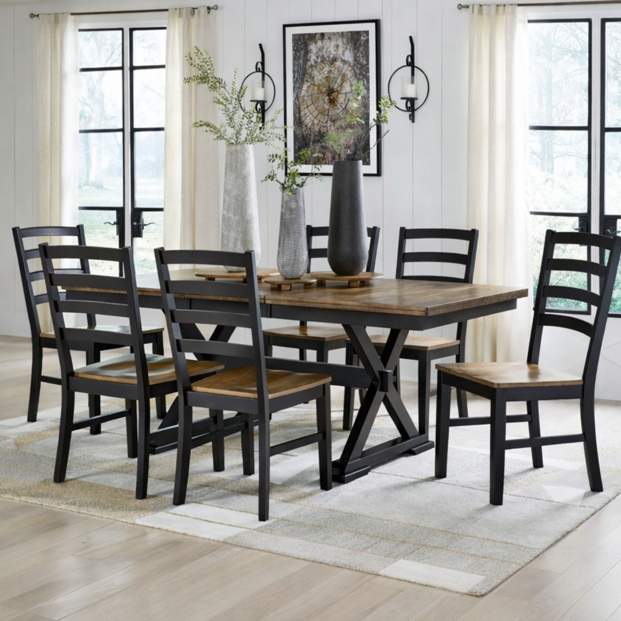 Ashley Wildenauer brown and black dining room set with a table and matching chairs, showcasing elegant wooden design.