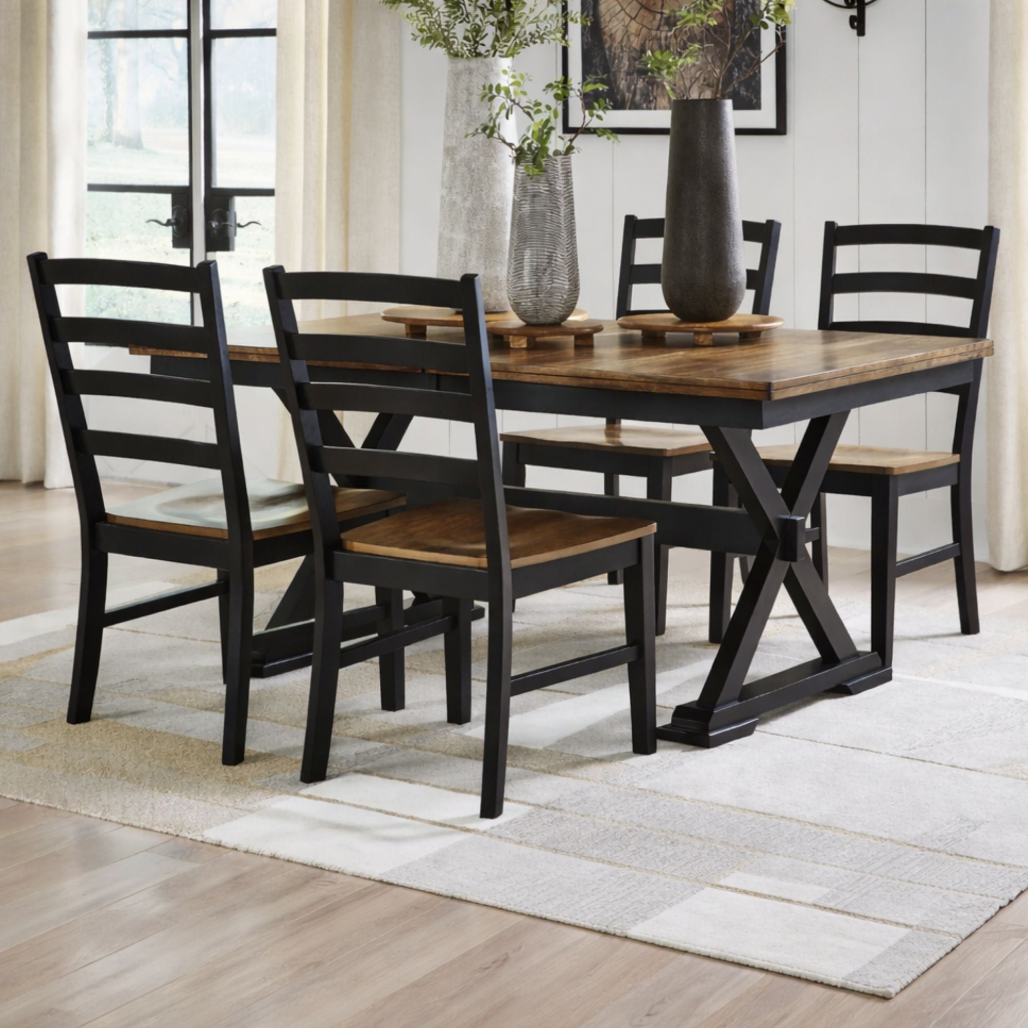 Wildenauer dining room set by Signature Ashley with brown and black finish, includes a table and matching chairs in a modern design.