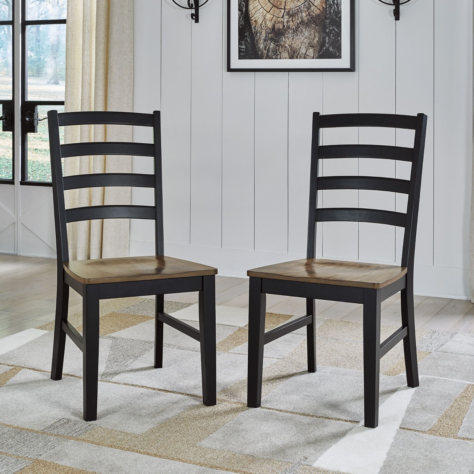 Pair of Ashley Wildenauer dining room side chairs with wooden frames and upholstered seats, set of two for elegant dining spaces.