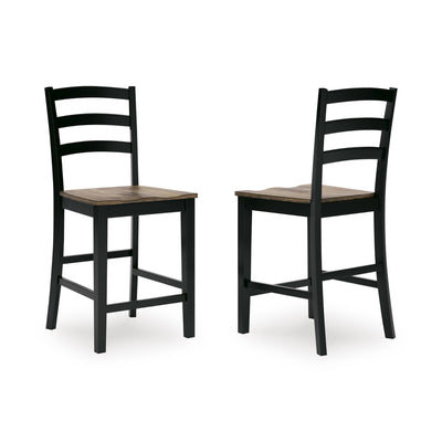 Pair of Ashley Wildenauer barstools with wooden legs and cushioned seats, ideal for dining room or bar area.