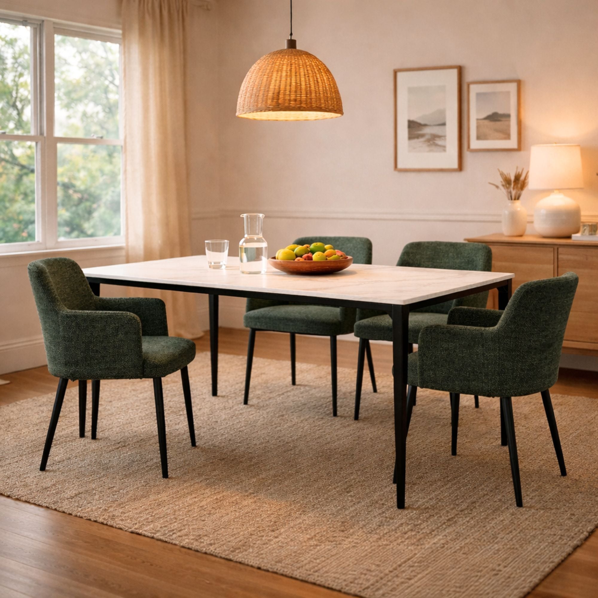 Green Williamsburg armchair paired with a Chicago Premium Sintered Stone Dining Table by Elite Living. Modern dining room setup.