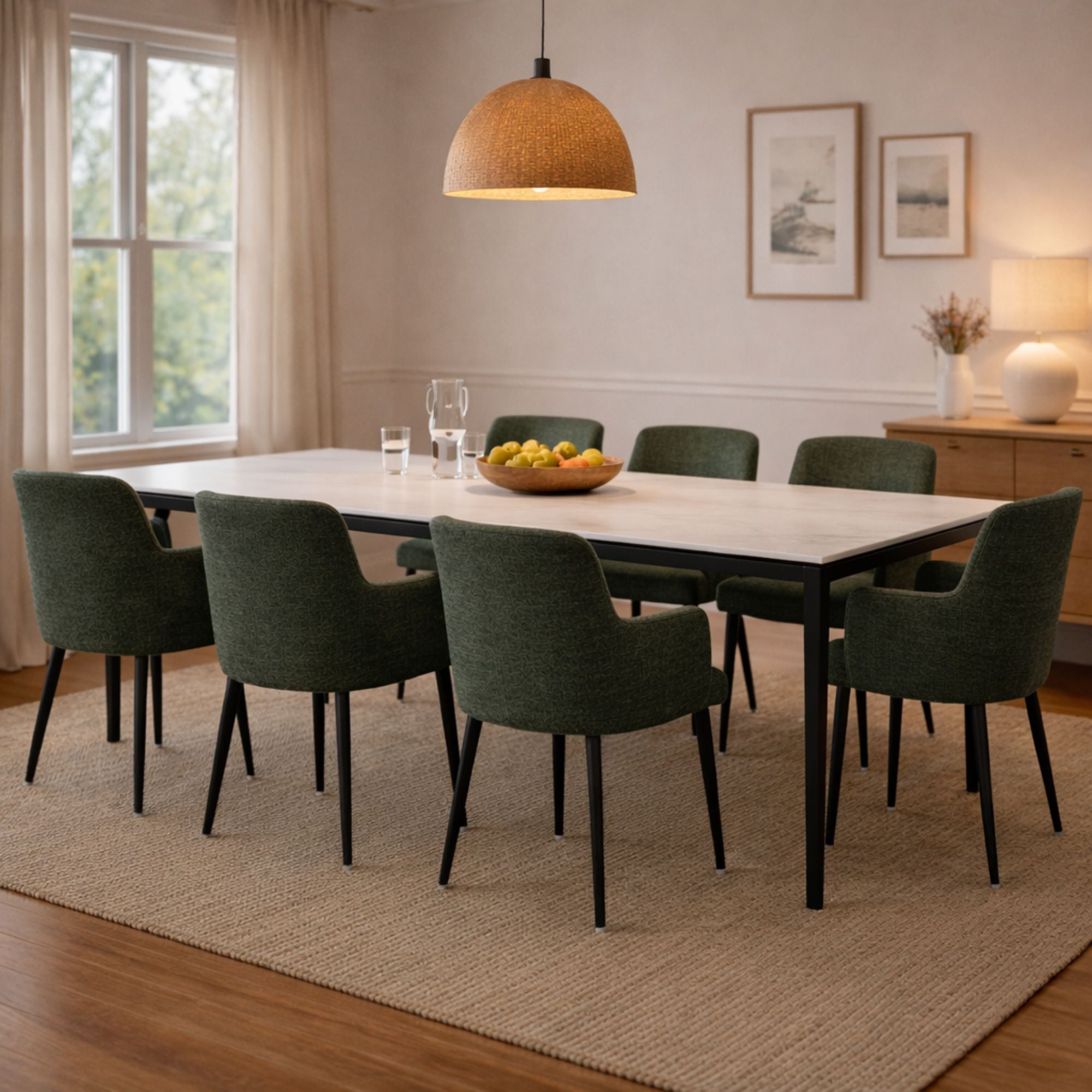 Greige Williamsburg armchair paired with a Chicago Premium Sintered Stone dining table by Elite Living in a modern dining room setting.