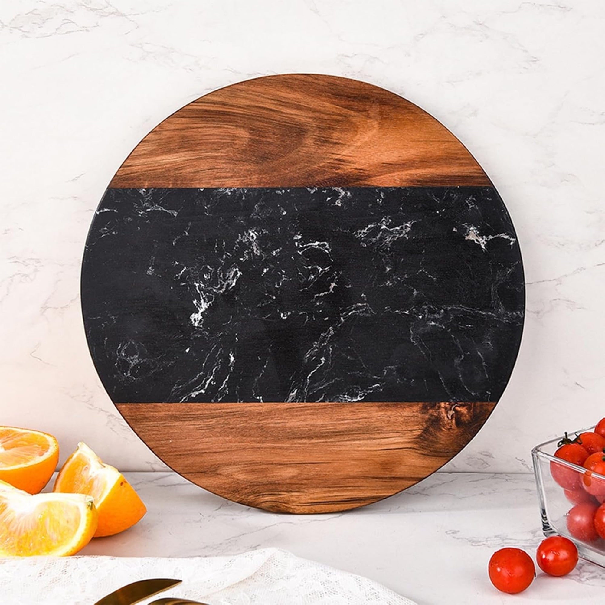 Wood & Marble Round Cutting and Serving Board Brown & Black