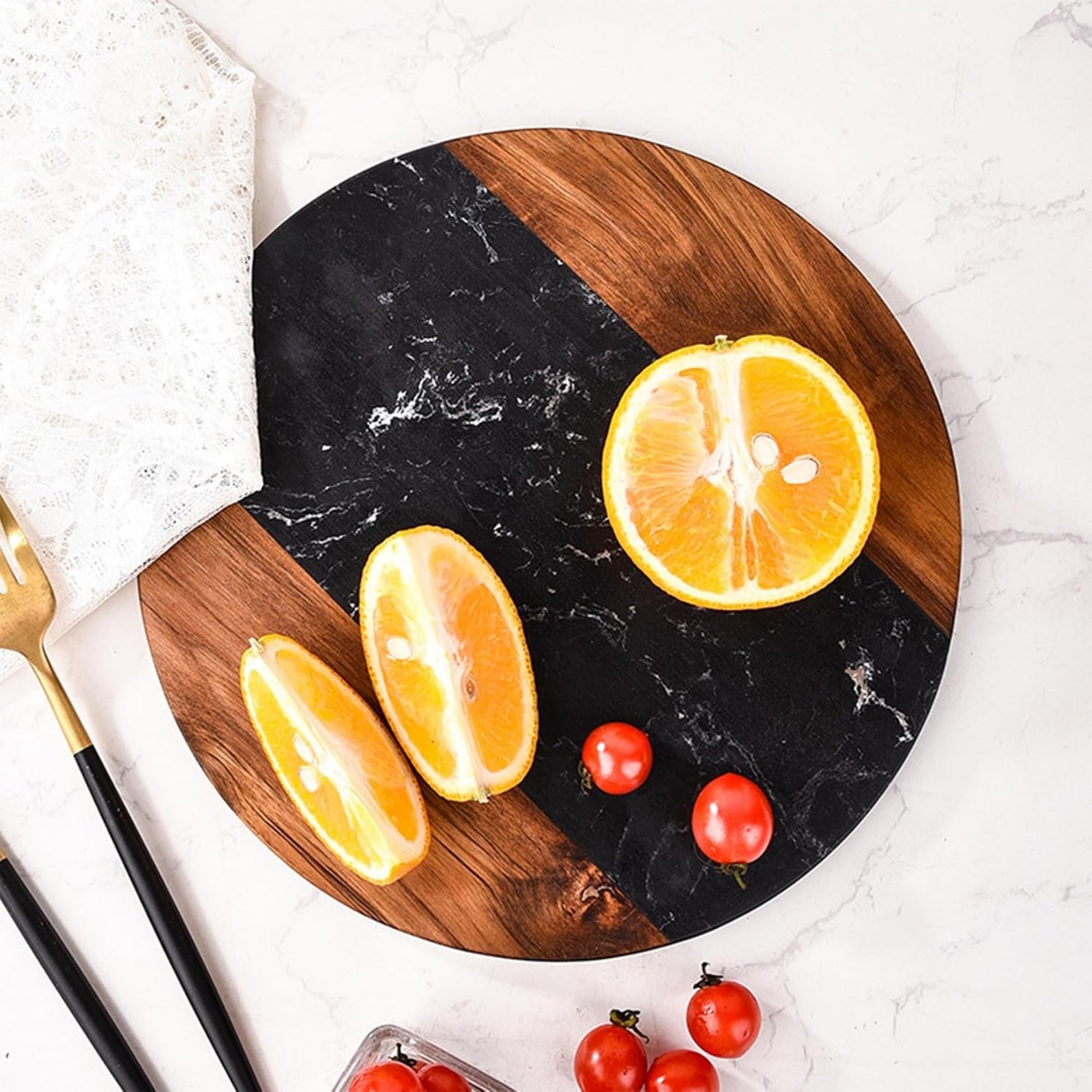Wood & Marble Round Cutting and Serving Board Brown & Black