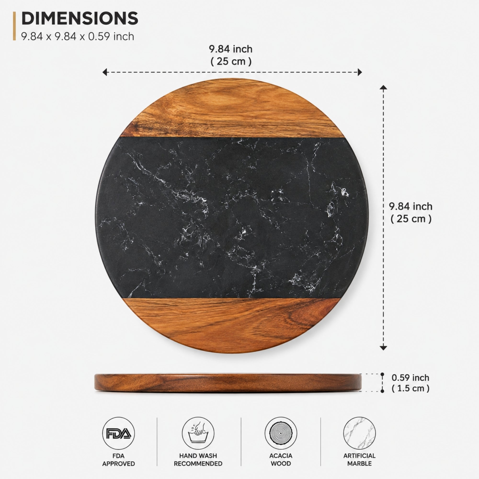 Wood & Marble Round Cutting and Serving Board Brown & Black