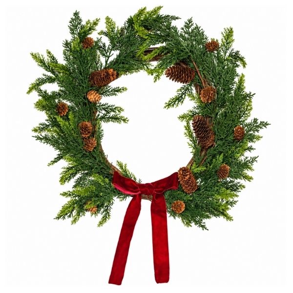 F&T 16-inch Christmas wreath with pine cones and a velvet bow
