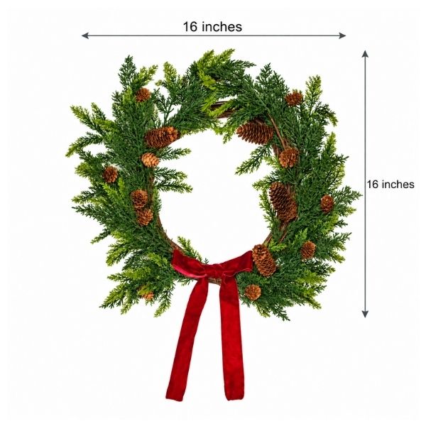 F&T 16-inch Christmas wreath with pine cones and red velvet bow