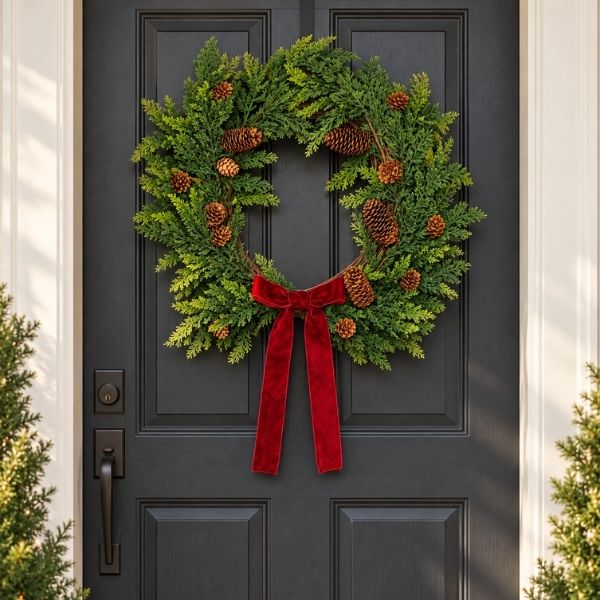 F&T 16-inch Christmas wreath with pine cones and a velvet bow