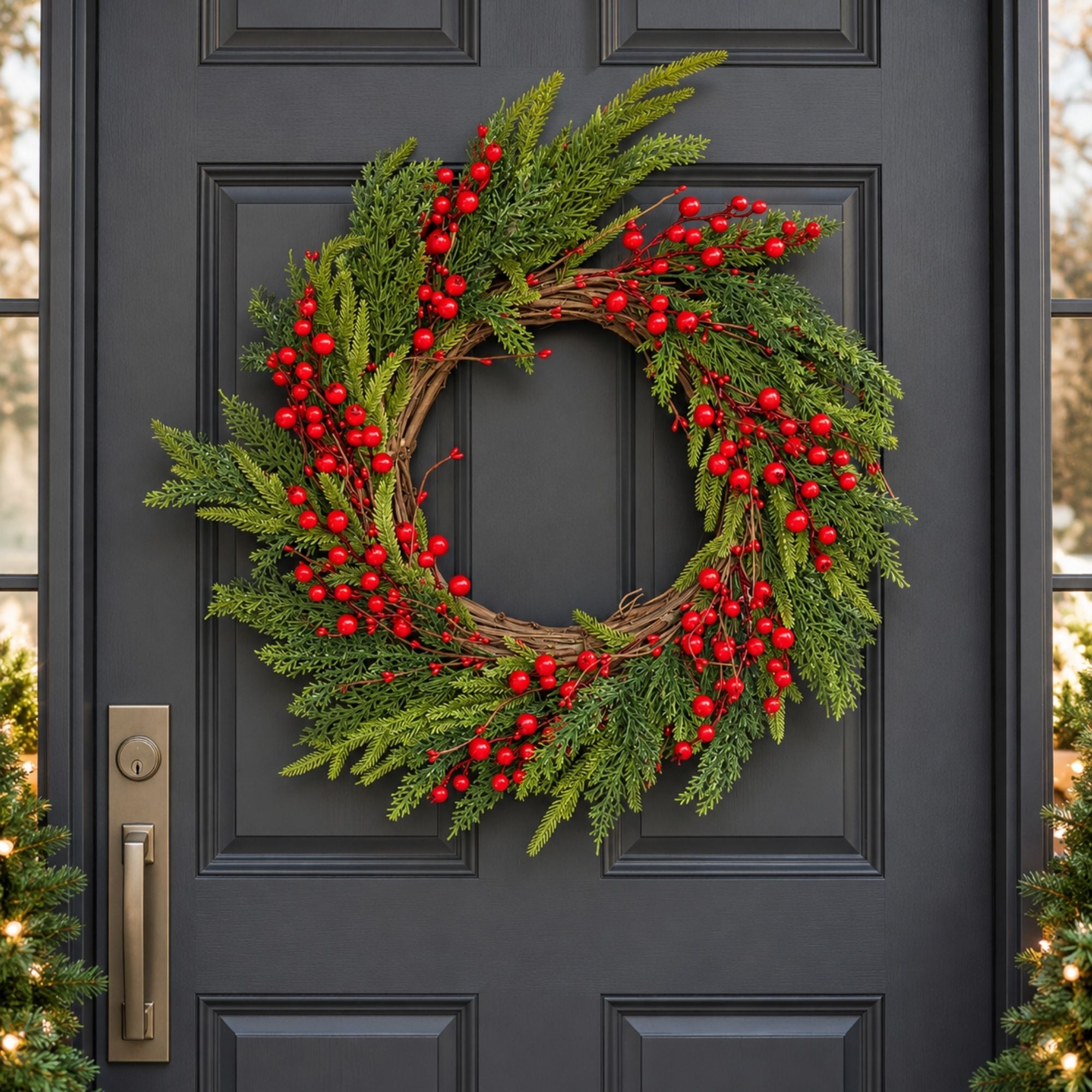 F&T 16-inch Christmas wreath with red berries, circular greenery arrangement