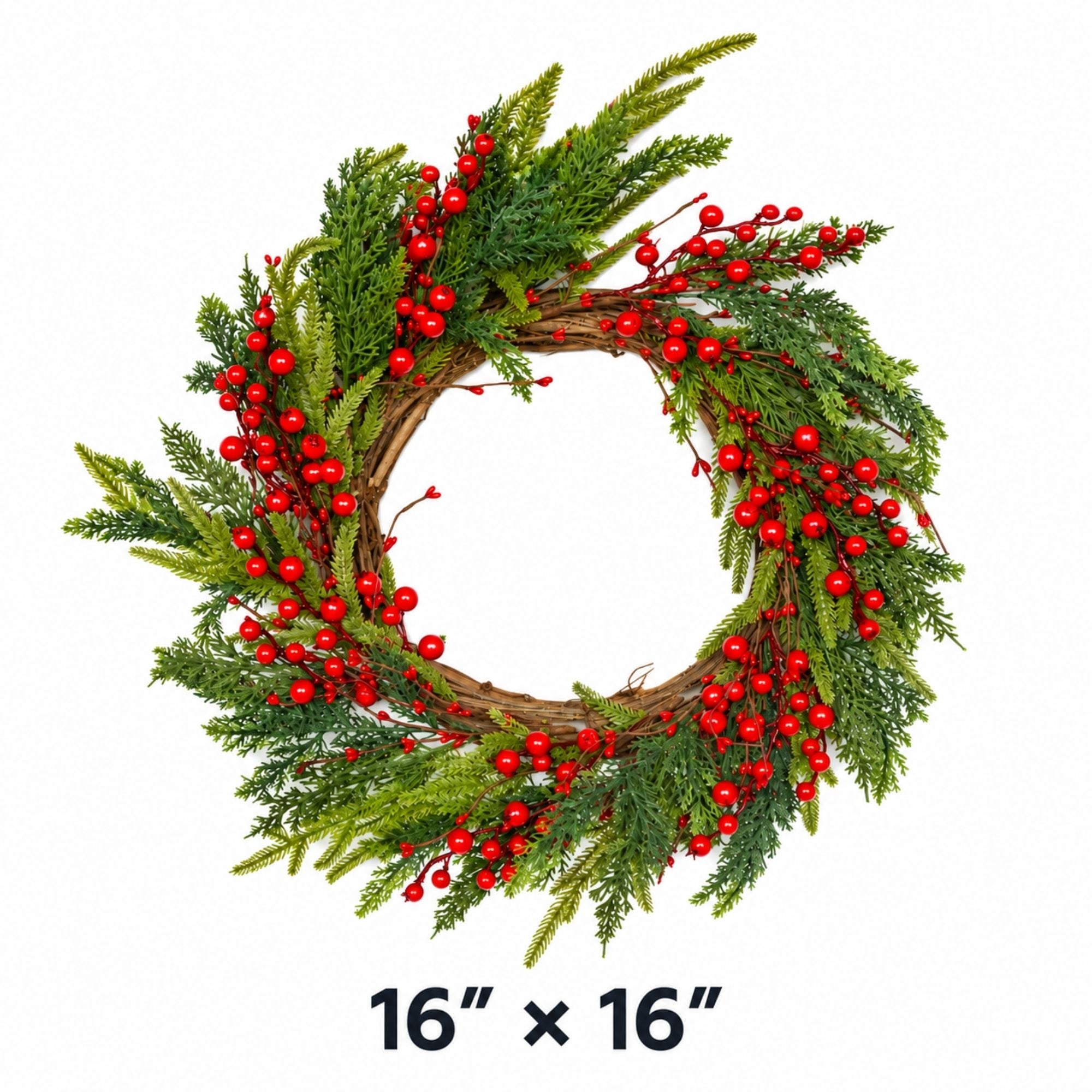 F&T 16-inch Christmas wreath with red berries and lush green foliage