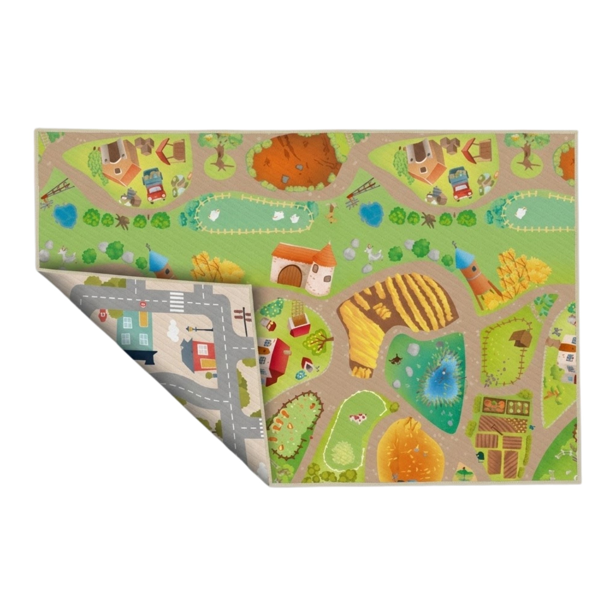 Reversible waterproof baby playmat by Viana Inc featuring colorful farm and city designs for infants and toddlers.
