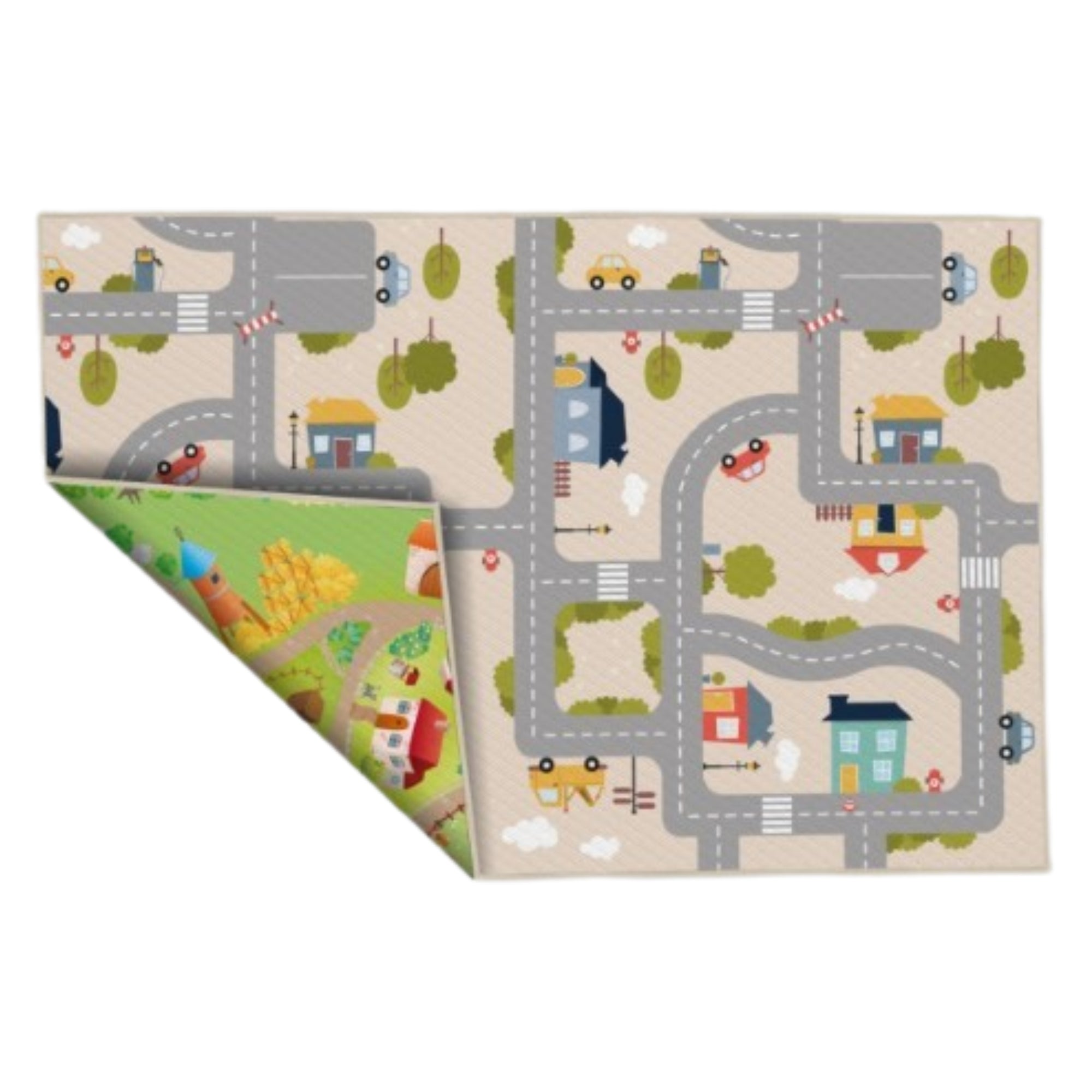 Viana Inc Yokina Farm City reversible waterproof baby playmat with colorful farm and city illustrations on soft, cushioned surface