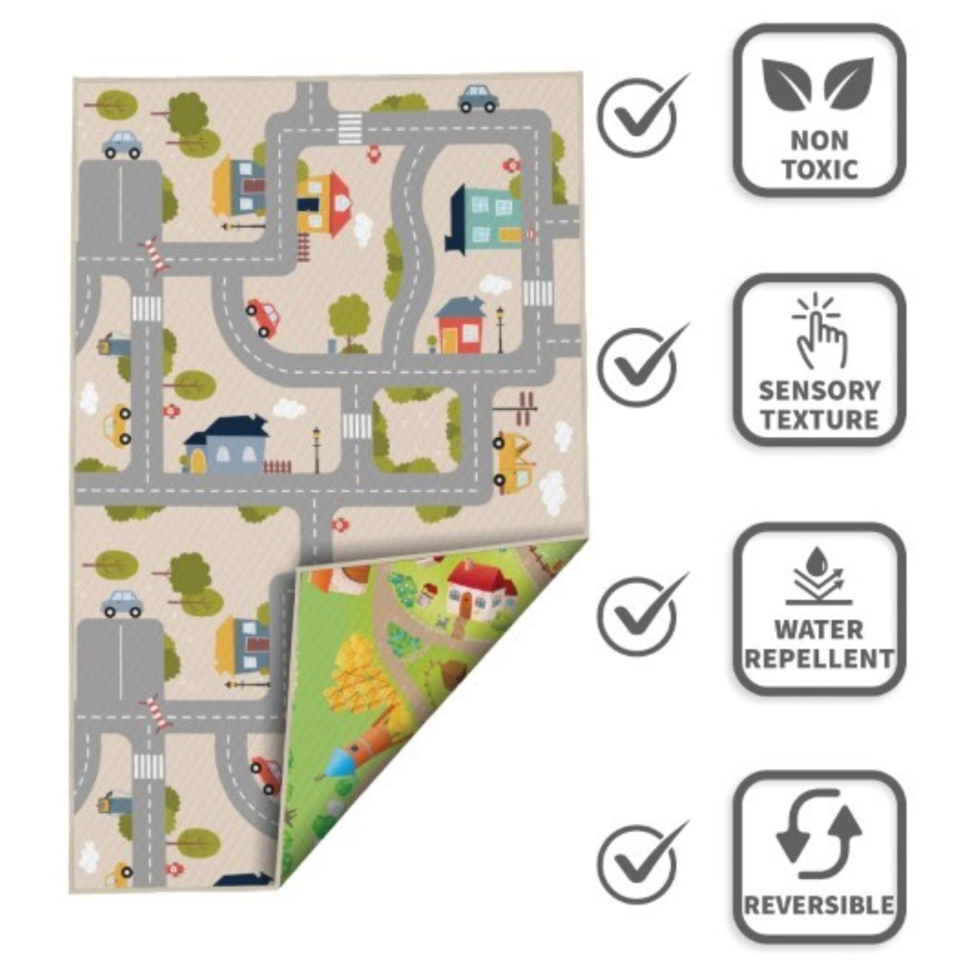 Reversible waterproof baby playmat by Viana Inc featuring colorful farm and city designs for infants.