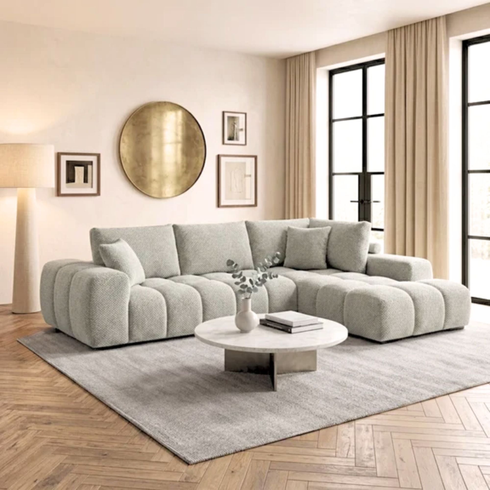 Brassex Zara sectional sofa in light grey fabric with plush cushions and wide armrests, modern design for living room comfort.