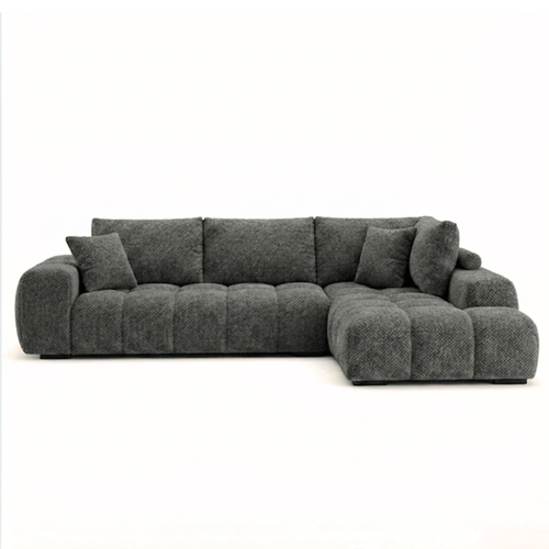 Brassex Zara sectional sofa in charcoal fabric with plush cushions and modern design, shown in a living room setting.