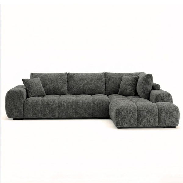 Brassex Zara sectional sofa in charcoal fabric with plush cushions and modern design, shown in a living room setting.