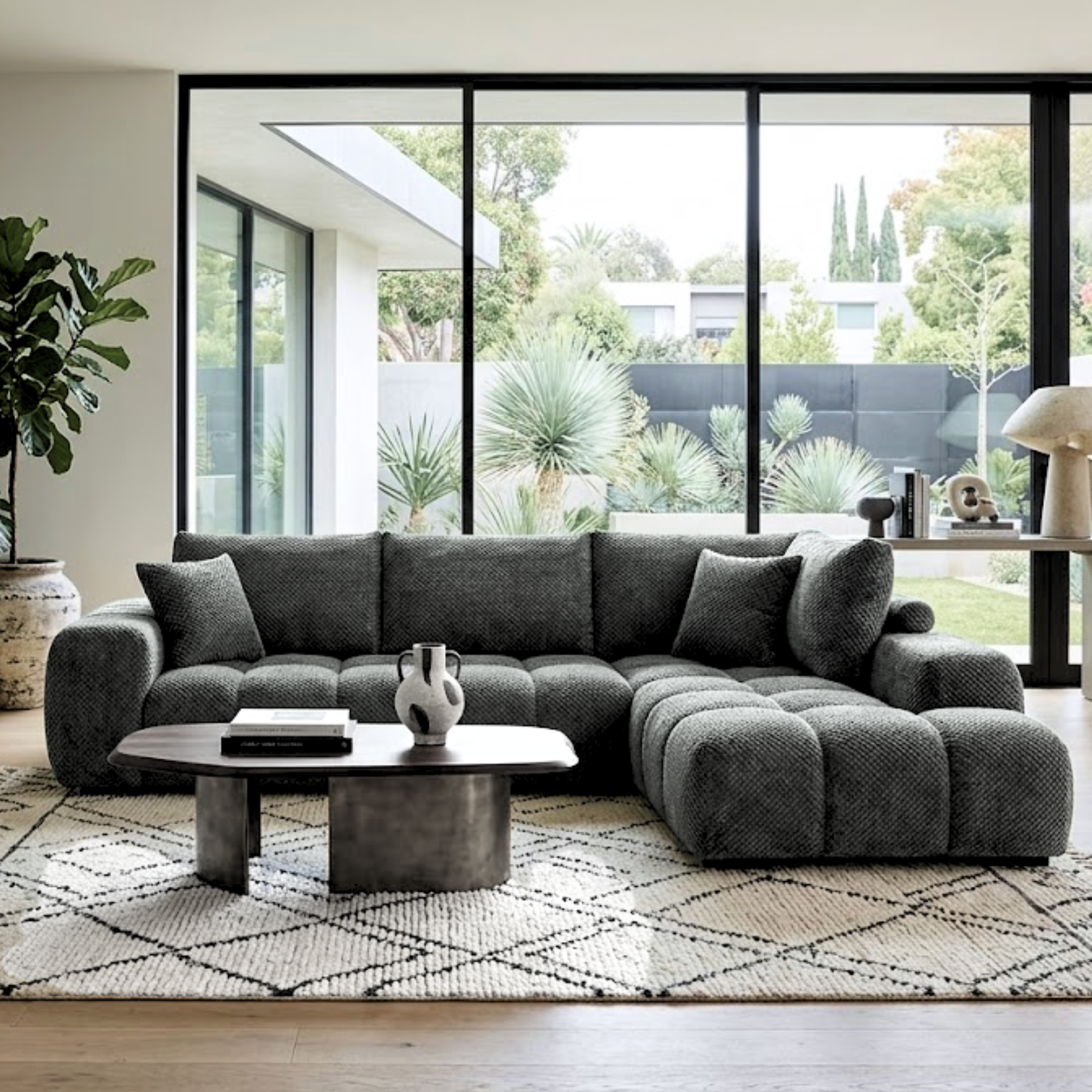 Brassex Zara sectional sofa in charcoal fabric, featuring a modern design with plush cushions and wide armrests.