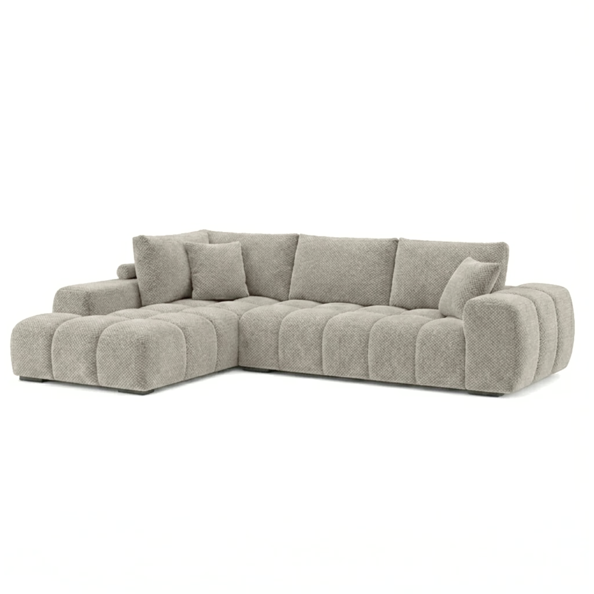 Light grey Zara sectional sofa by Brassex, featuring plush cushions and modern design, shown in a stylish living room setting.