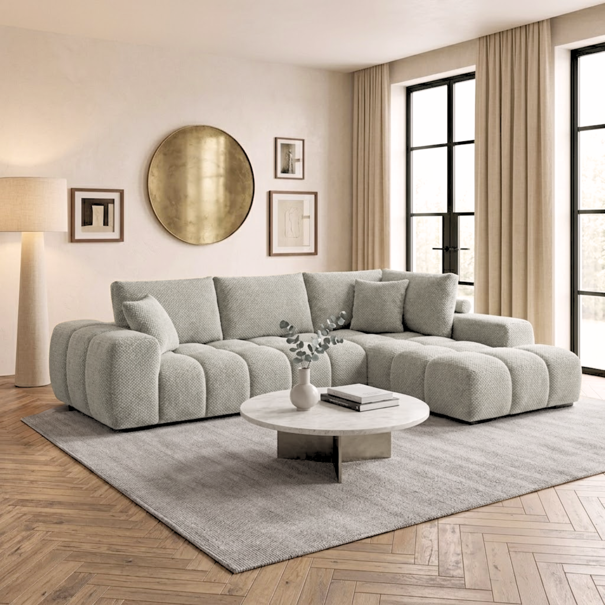 Brassex Zara sectional sofa in light grey fabric with plush cushions and modern design, perfect for contemporary living rooms.