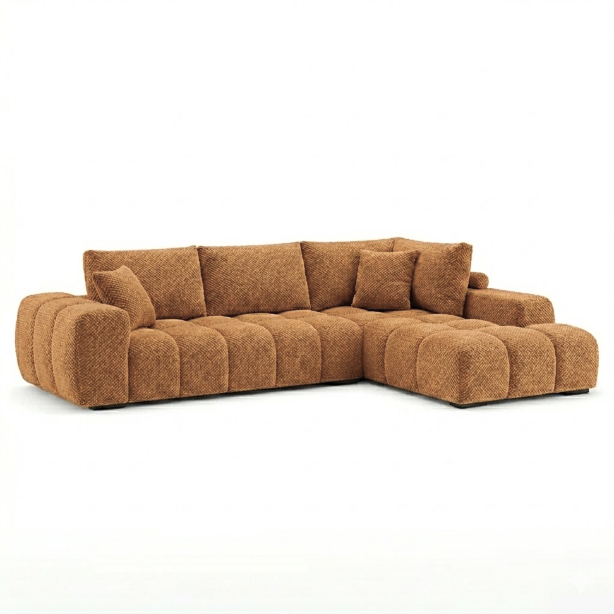 Bronze Zara sectional sofa by Brassex, featuring plush cushions and modern design, shown in a living room setting.