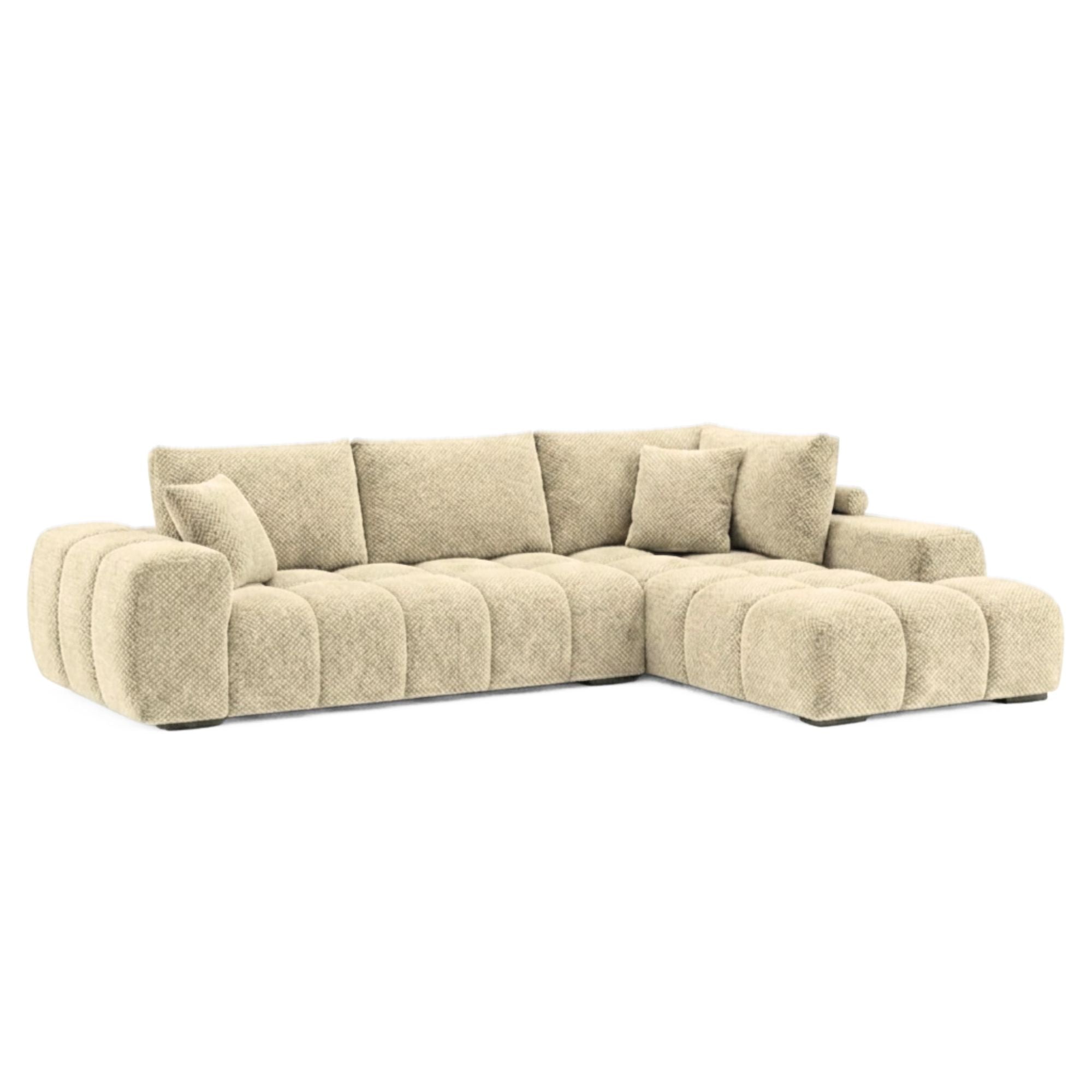 Brassex Zara sectional sofa in taupe fabric with plush cushions and modern design, shown in a stylish living room setting.