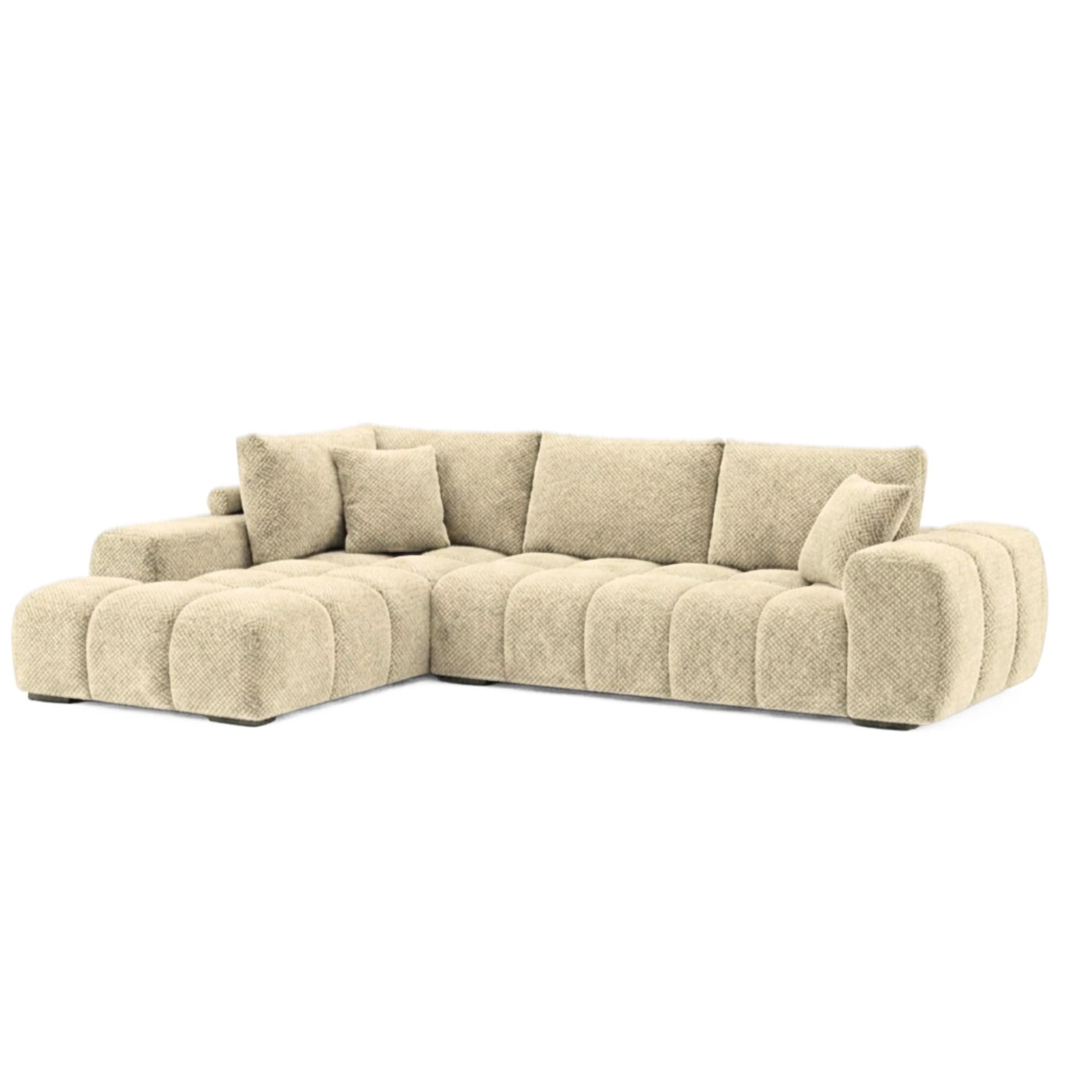 Brassex Zara sectional sofa in taupe fabric with plush cushions, modern design, and wide armrests, shown in a cozy living room setting.