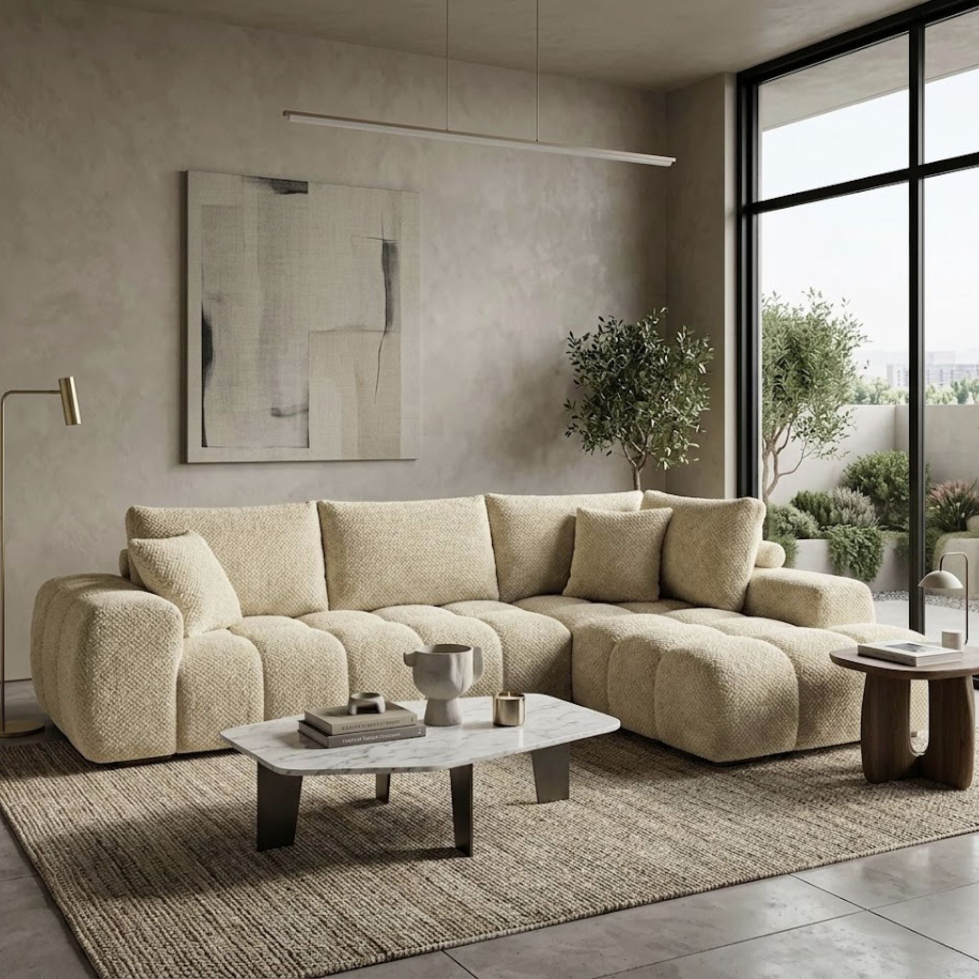 Brassex Zara sectional sofa in taupe fabric, featuring plush cushions and wide armrests, shown in a modern living room setting.