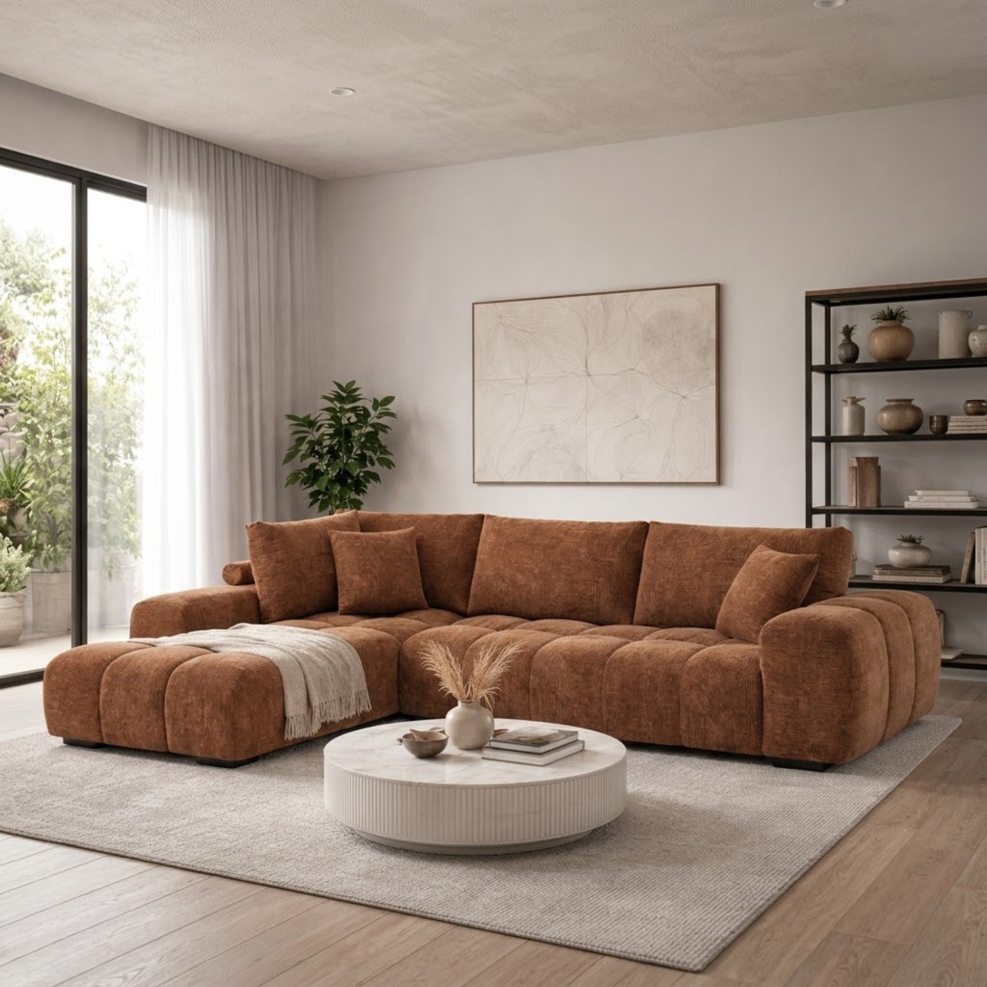 Brassex Zara orange sectional sofa with plush cushions and modern design, perfect for contemporary living rooms.