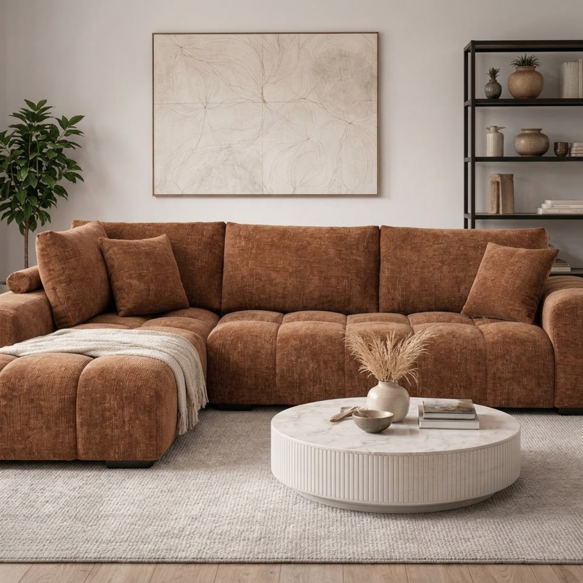 Bright orange Zara sectional sofa by Brassex, featuring plush cushions and modern design, perfect for contemporary living rooms.