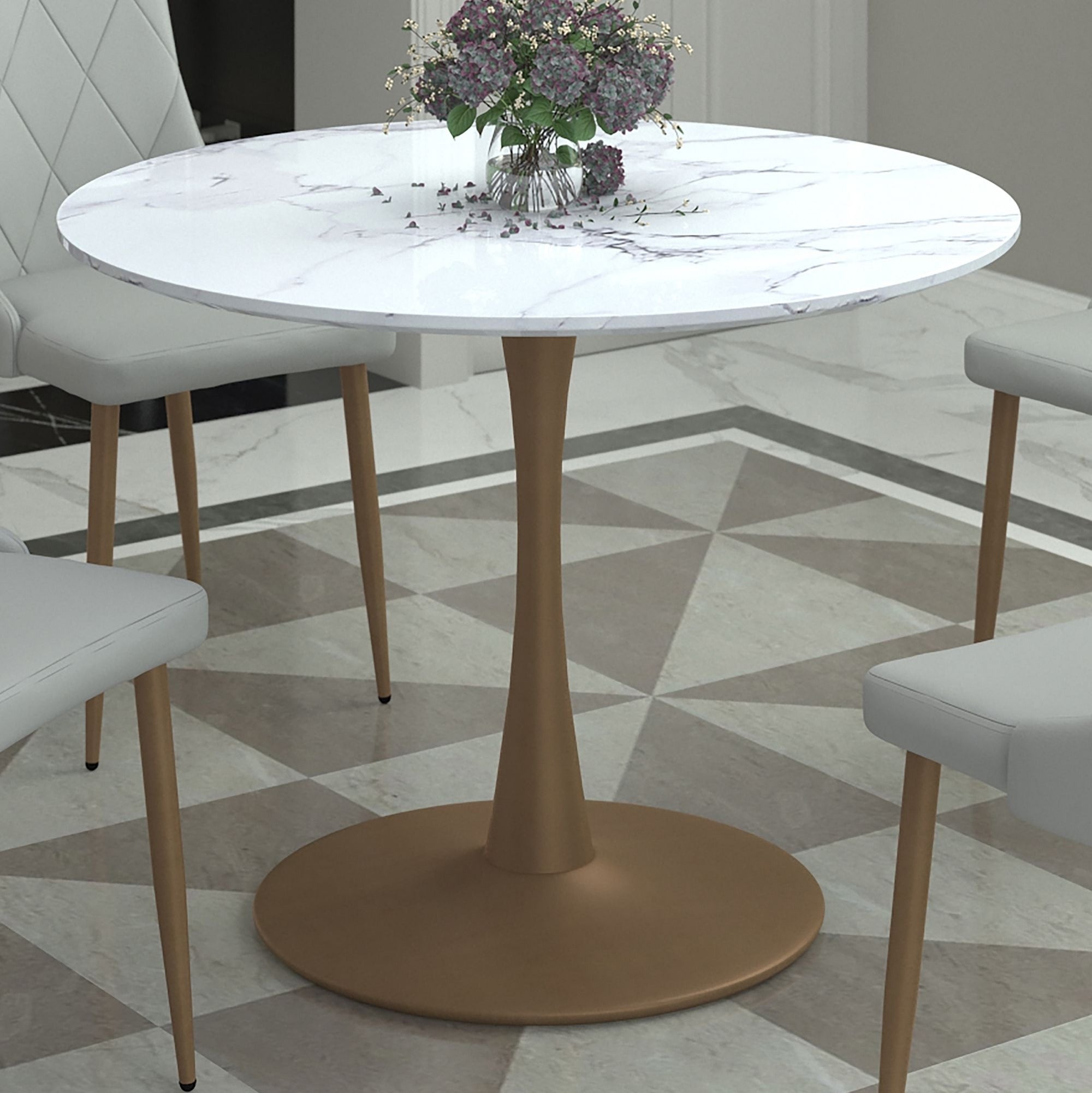 Zilo Round Pedestal Dining Table White Faux Marble and Aged Gold