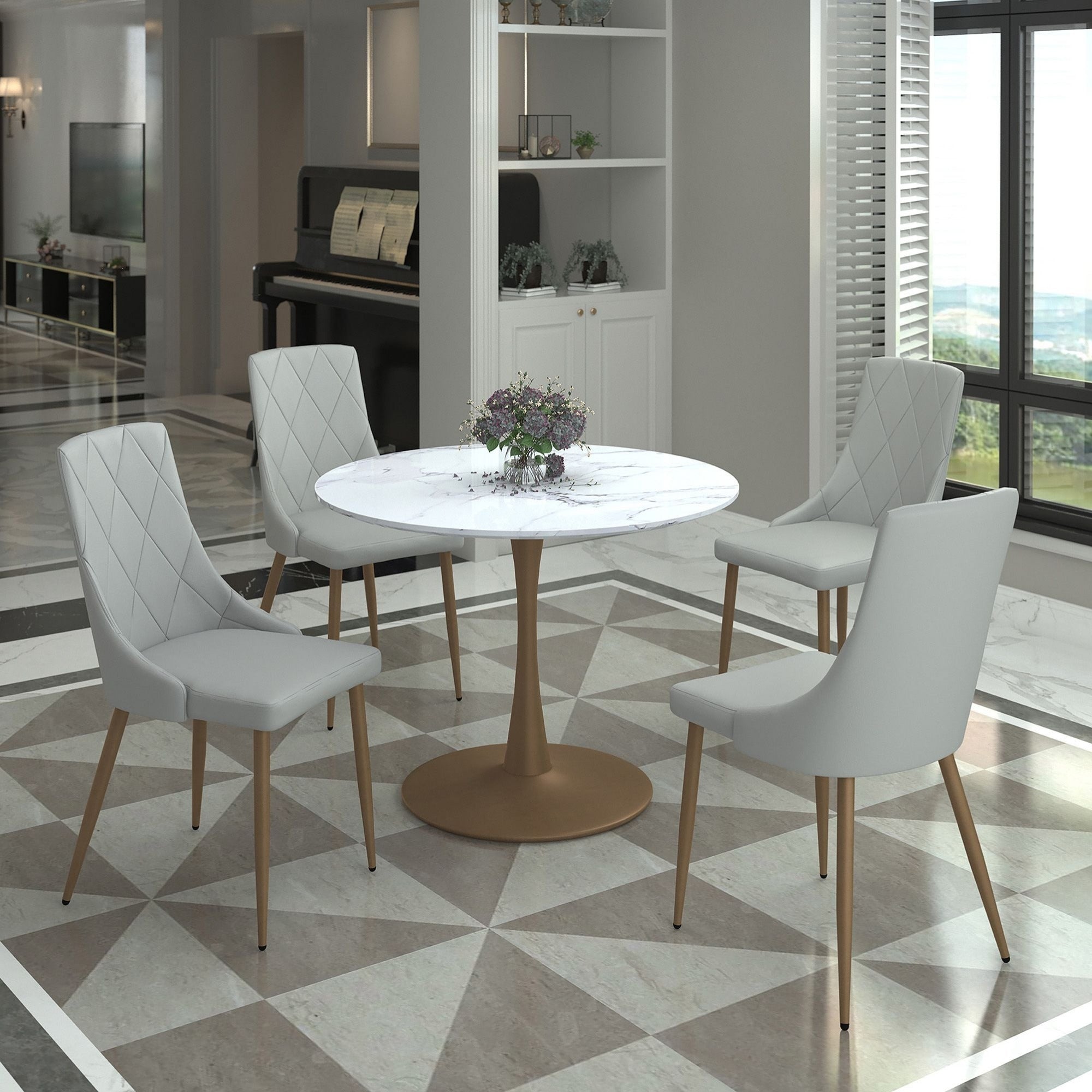 Zilo Round Pedestal Dining Table White Faux Marble and Aged Gold