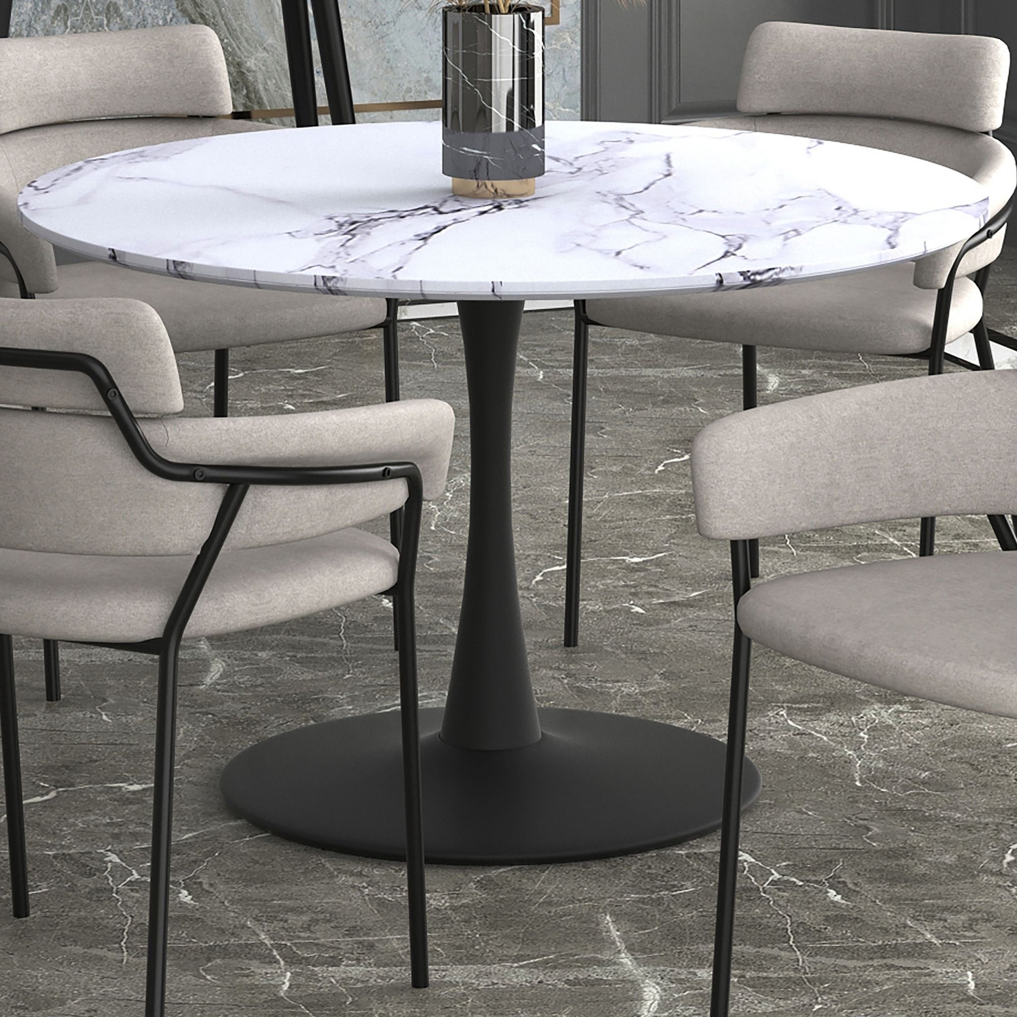 Zilo Round Pedestal Dining Table White Faux Marble and Black