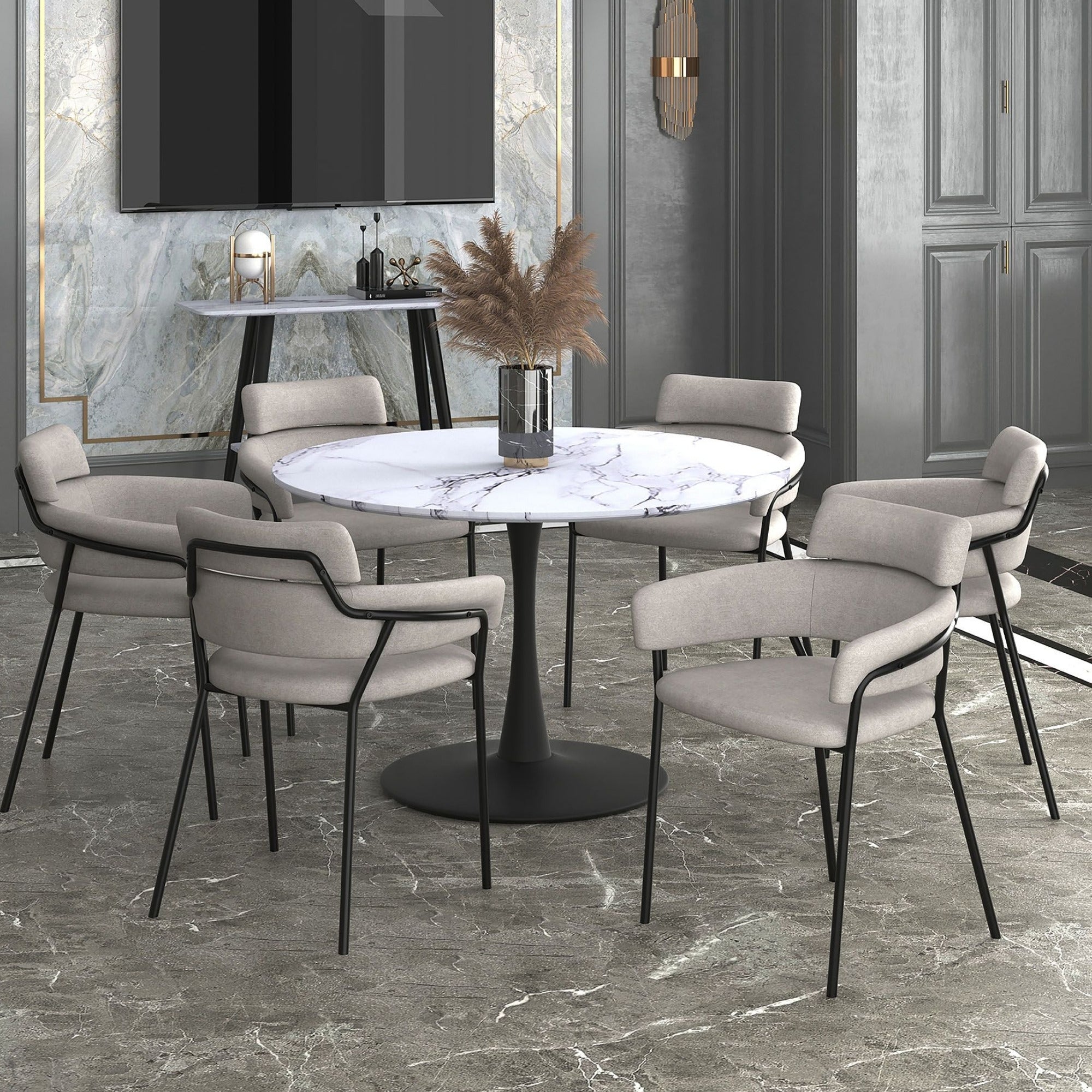 Zilo Round Pedestal Dining Table White Faux Marble and Black