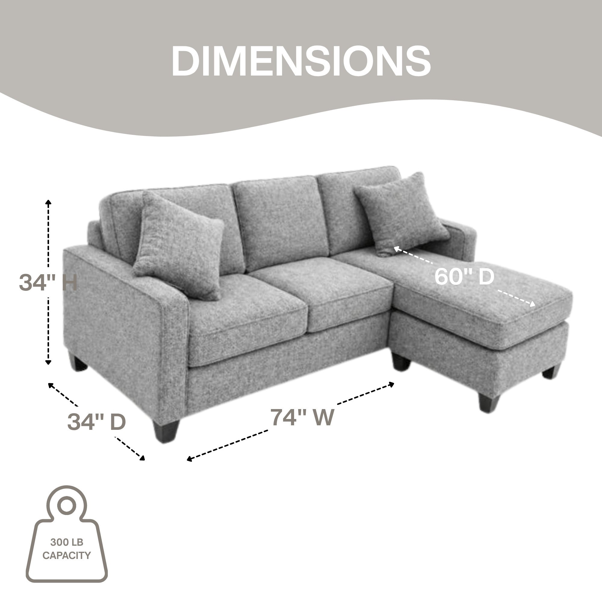 A.C. Canadian-made reversible sectional sofa with chaise and ottoman in snow grey, showcasing plush fabric and modern design.