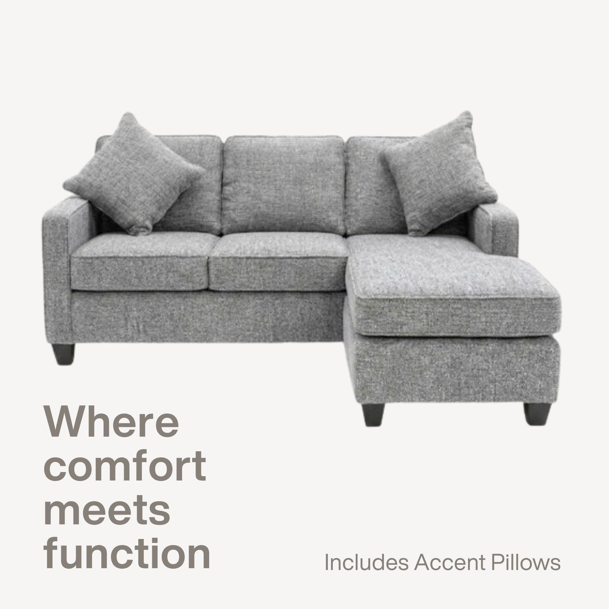 A.C. Canadian Made reversible sectional sofa with chaise and ottoman in snow grey fabric, shown in a cozy living room setting.