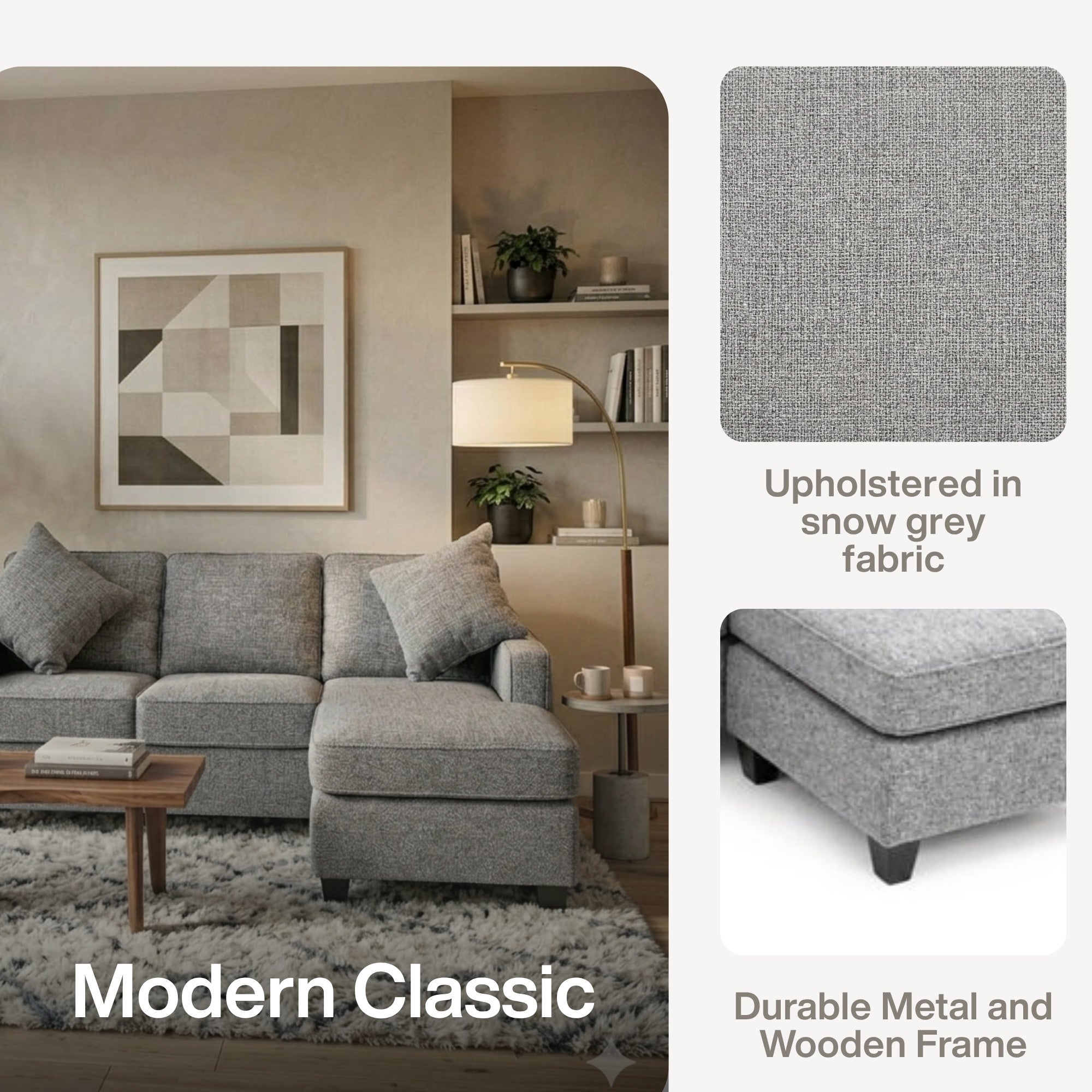 Canadian-made A.C. reversible sectional sofa with chaise and ottoman in snow grey fabric, shown with beige cushions.