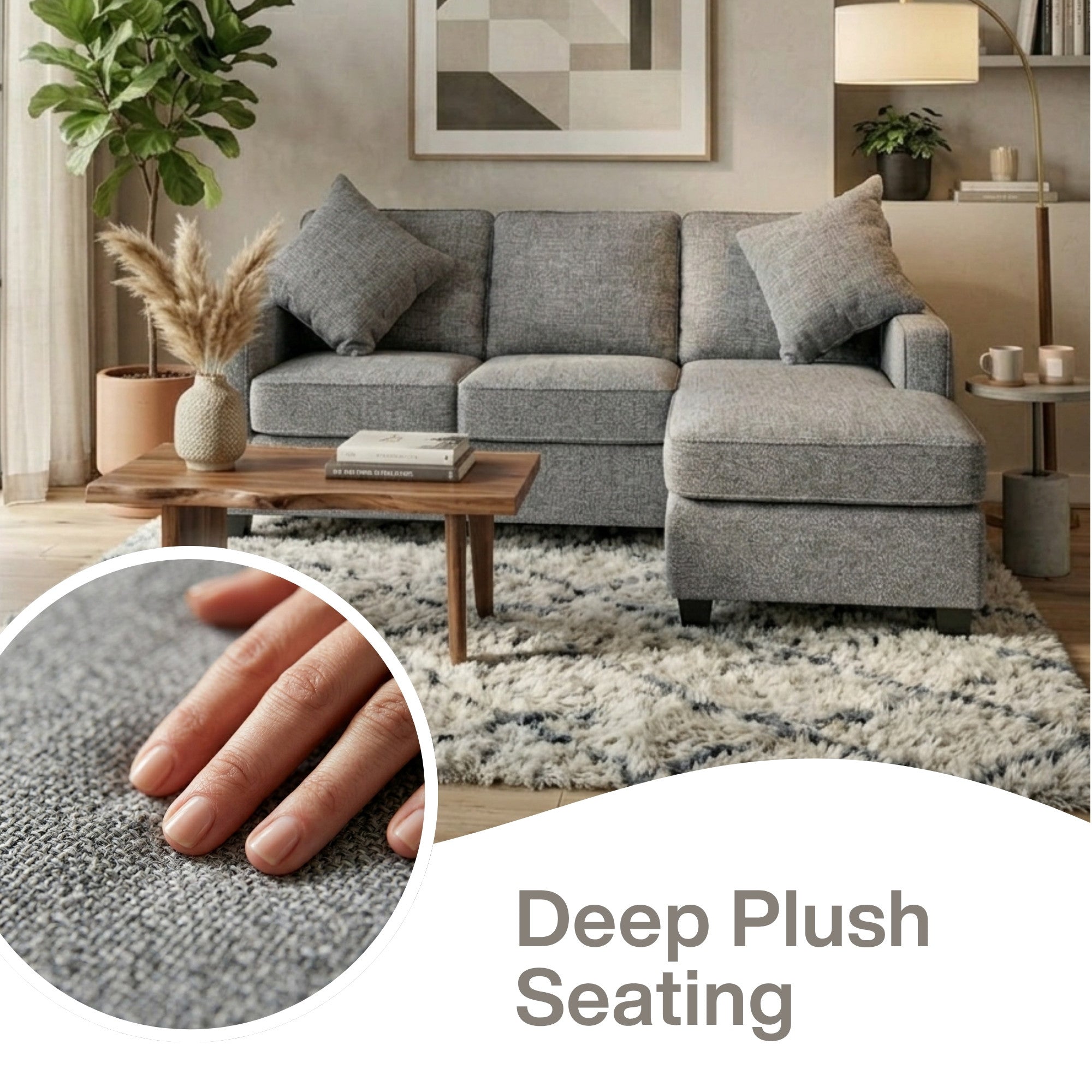 A.C. Canadian made reversible sectional sofa with chaise and ottoman in snow grey fabric, showing a cozy, modern living room setup.