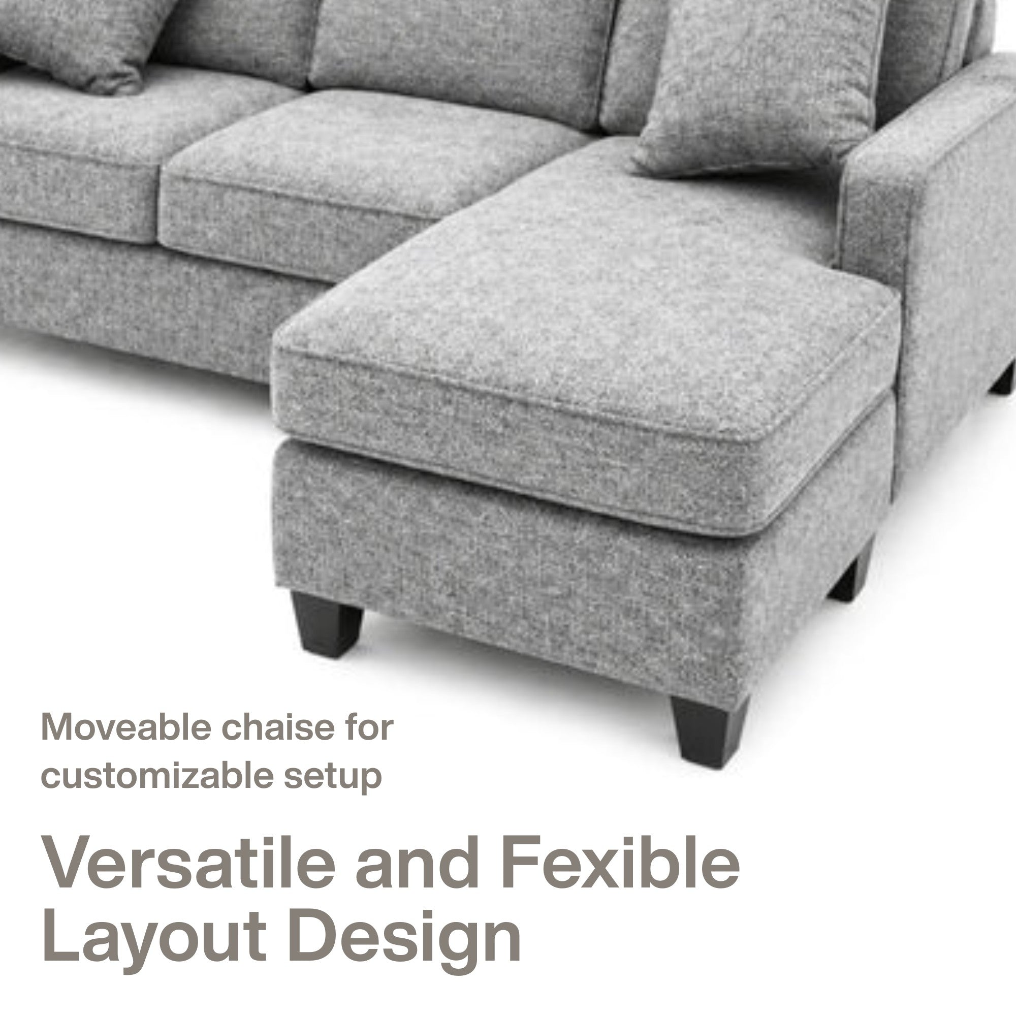 Canadian-made A.C. reversible sectional sofa with chaise and ottoman in snow grey fabric, shown in beige upholstery.
