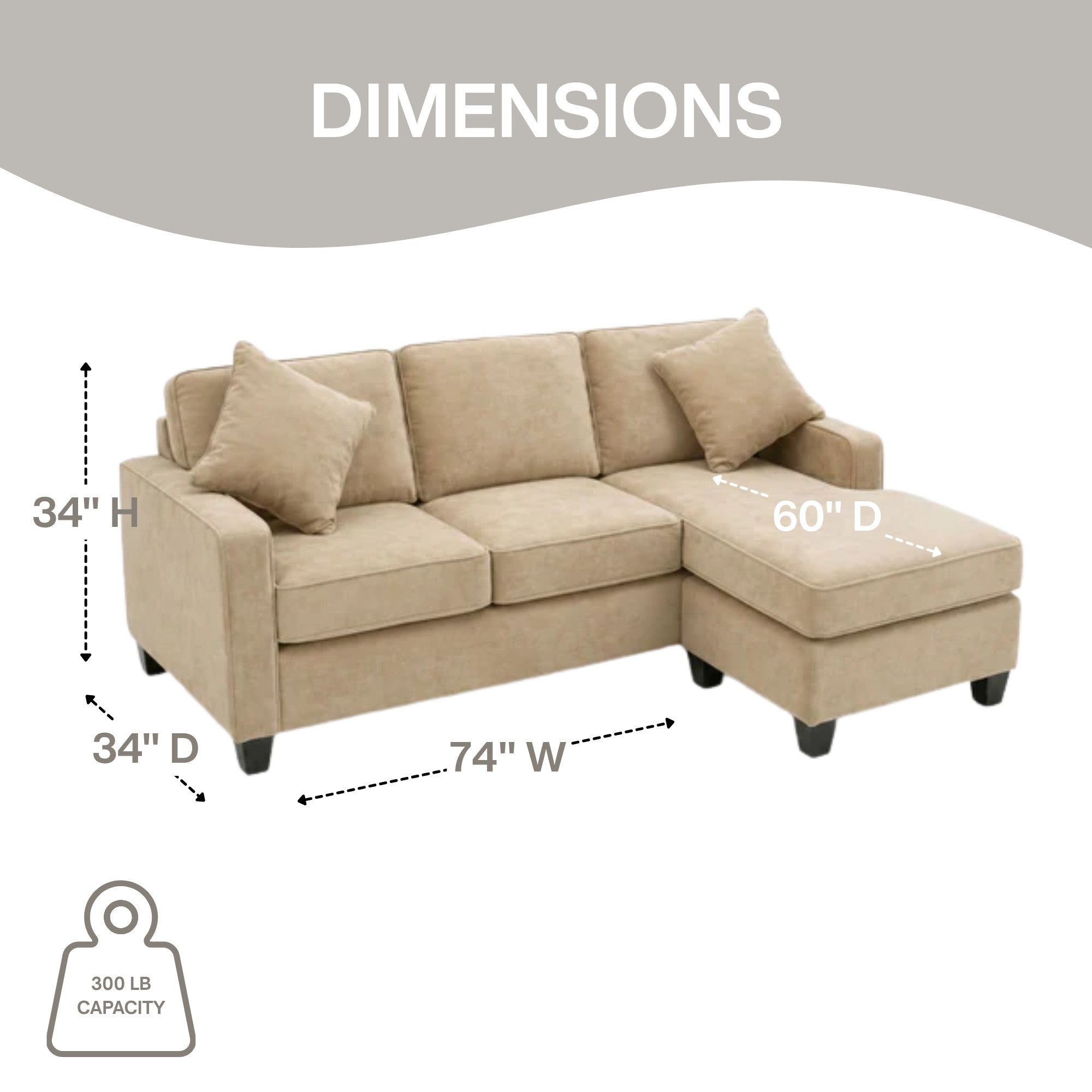 A beige Canadian-made reversible sectional sofa with chaise and ottoman, designed for modern living rooms.