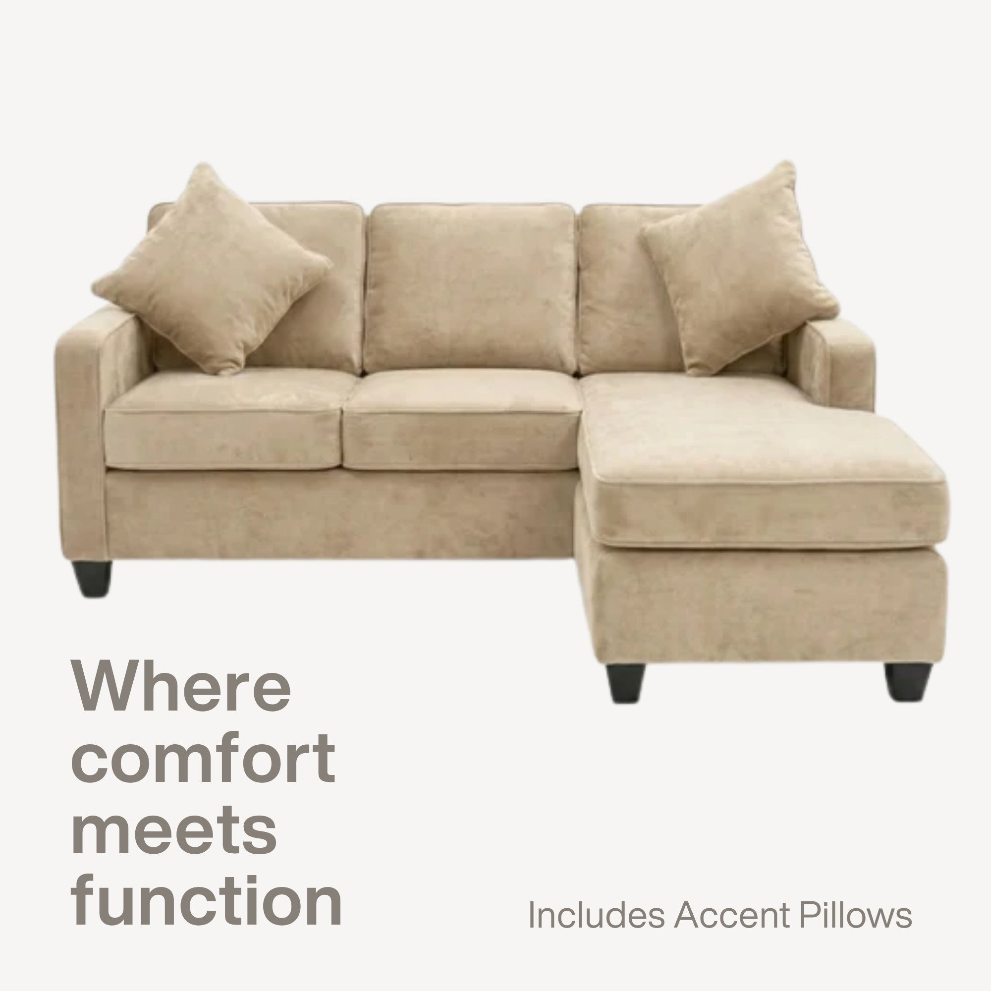 Canadian made beige reversible sectional sofa with chaise and ottoman by A.C., featuring plush upholstery and modern design.