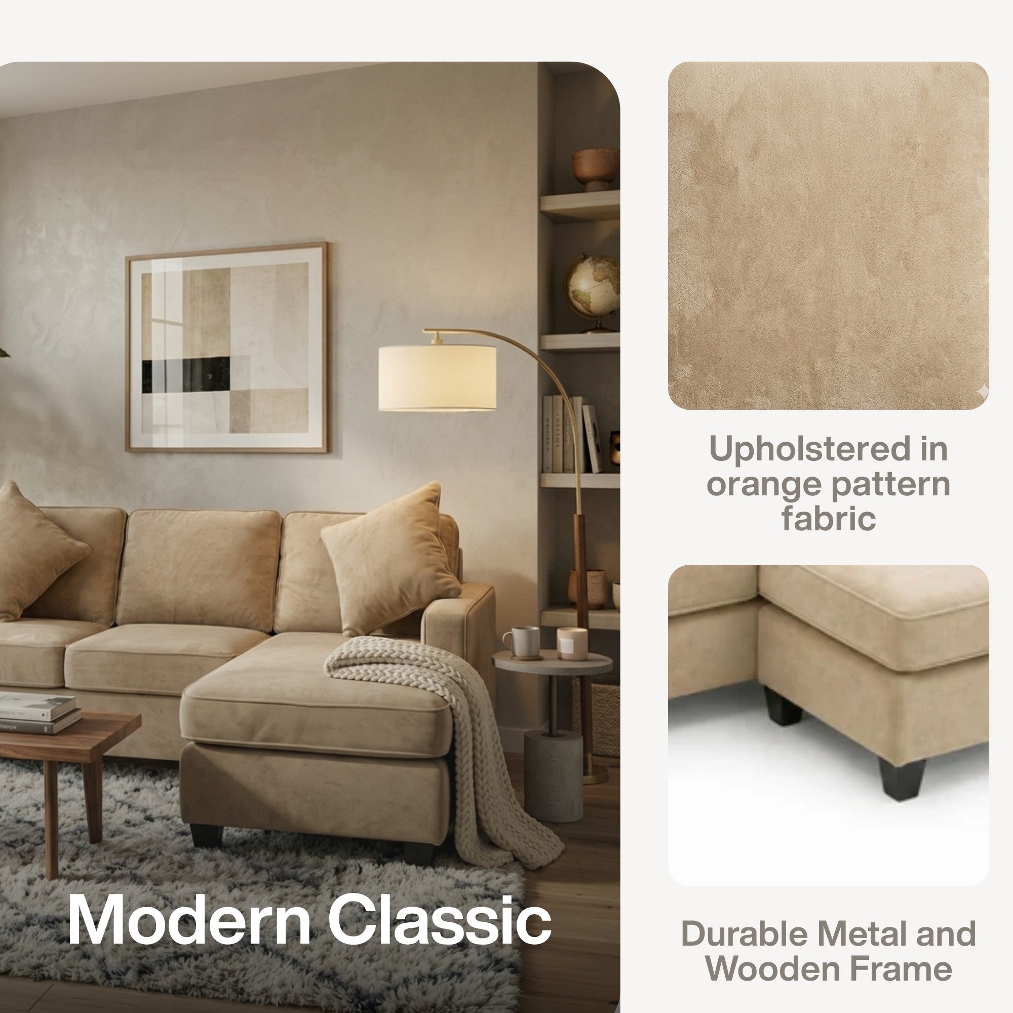 A beige Canadian-made reversible sectional sofa with chaise and ottoman, featuring a modern design and plush upholstery.