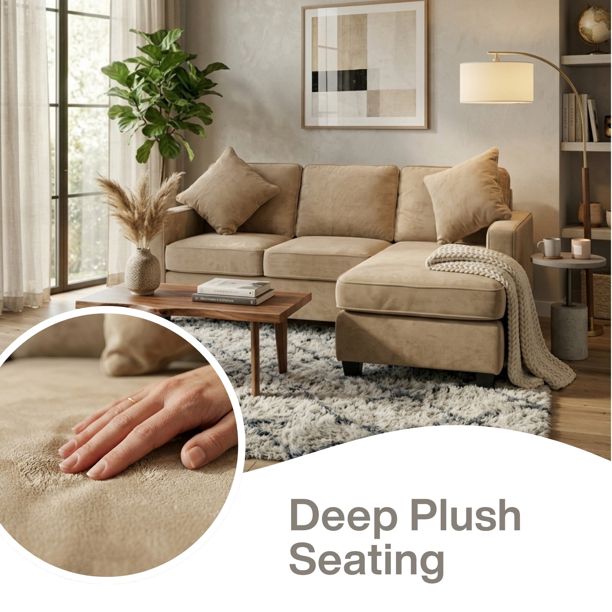A beige Canadian-made reversible sectional sofa with chaise and ottoman by A.C., shown from a front view.