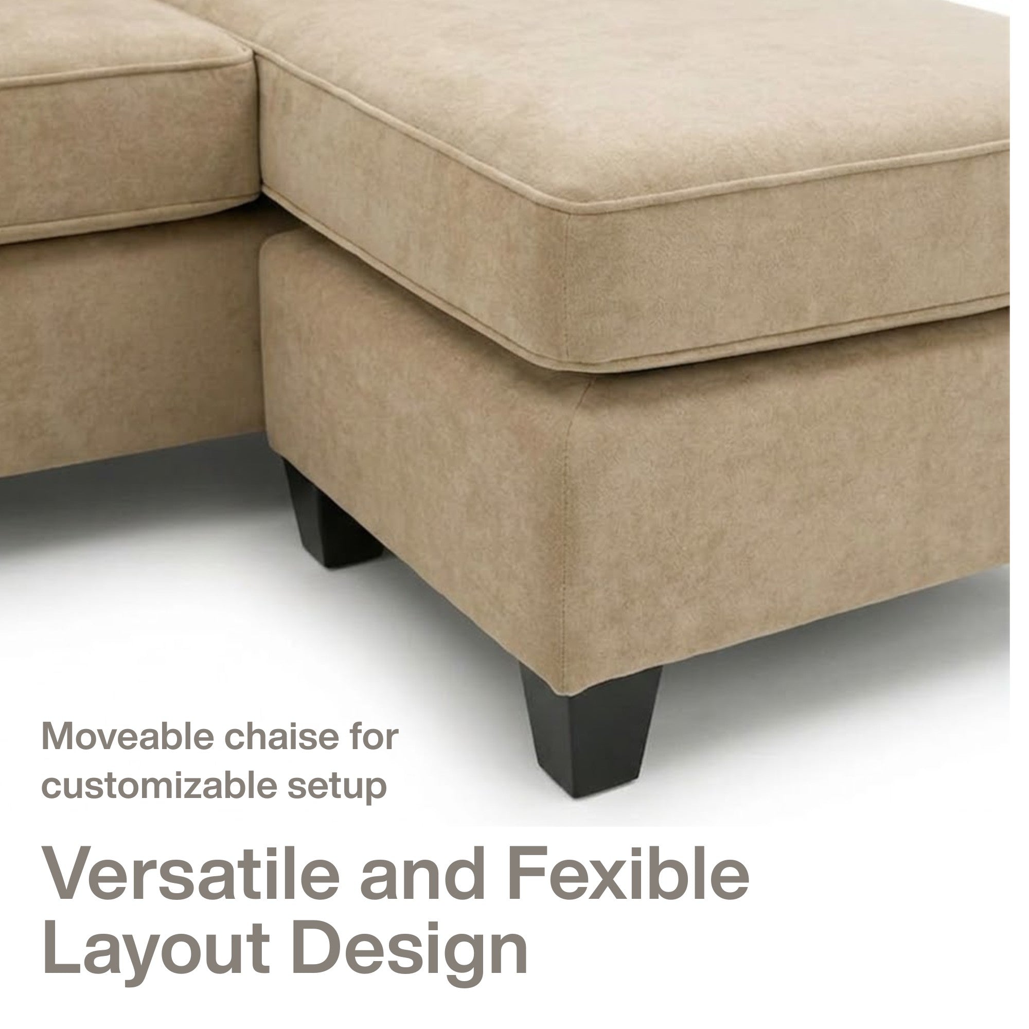 A beige Canadian-made reversible sectional sofa with chaise and ottoman from A.C., shown in a modern living room setup.
