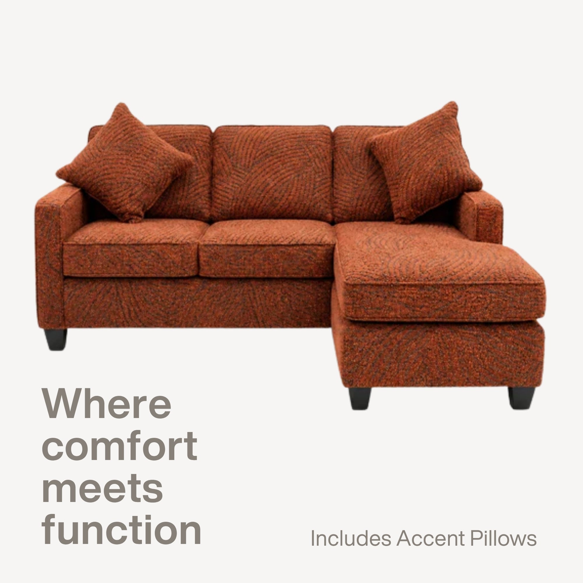Canadian made A.C. reversible sectional sofa with chaise and ottoman in beige fabric, showcasing versatile design and comfortable seating.
