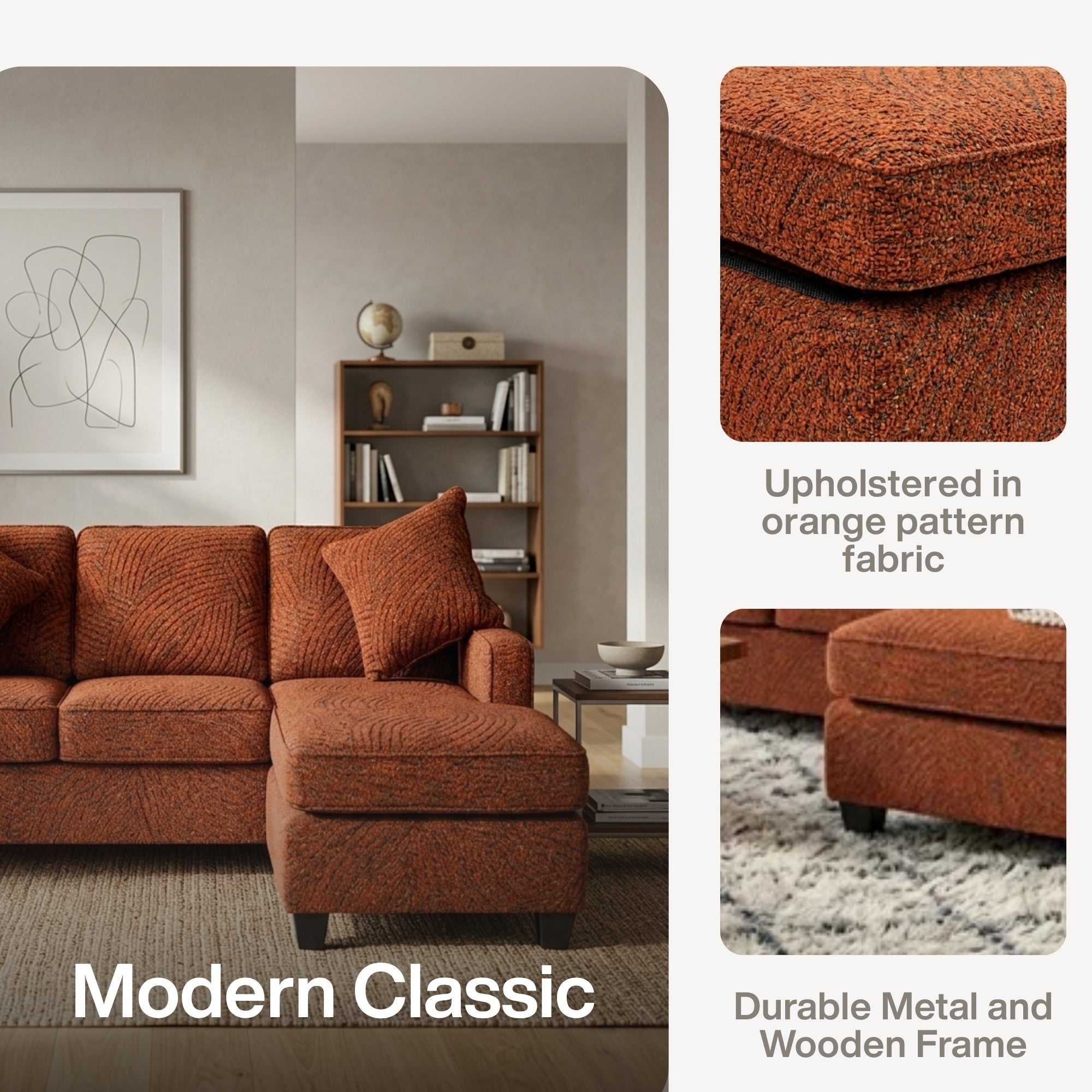 A beige Canadian-made A.C. sectional sofa with reversible design and chaise ottoman, featuring a neutral fabric and plush cushions.