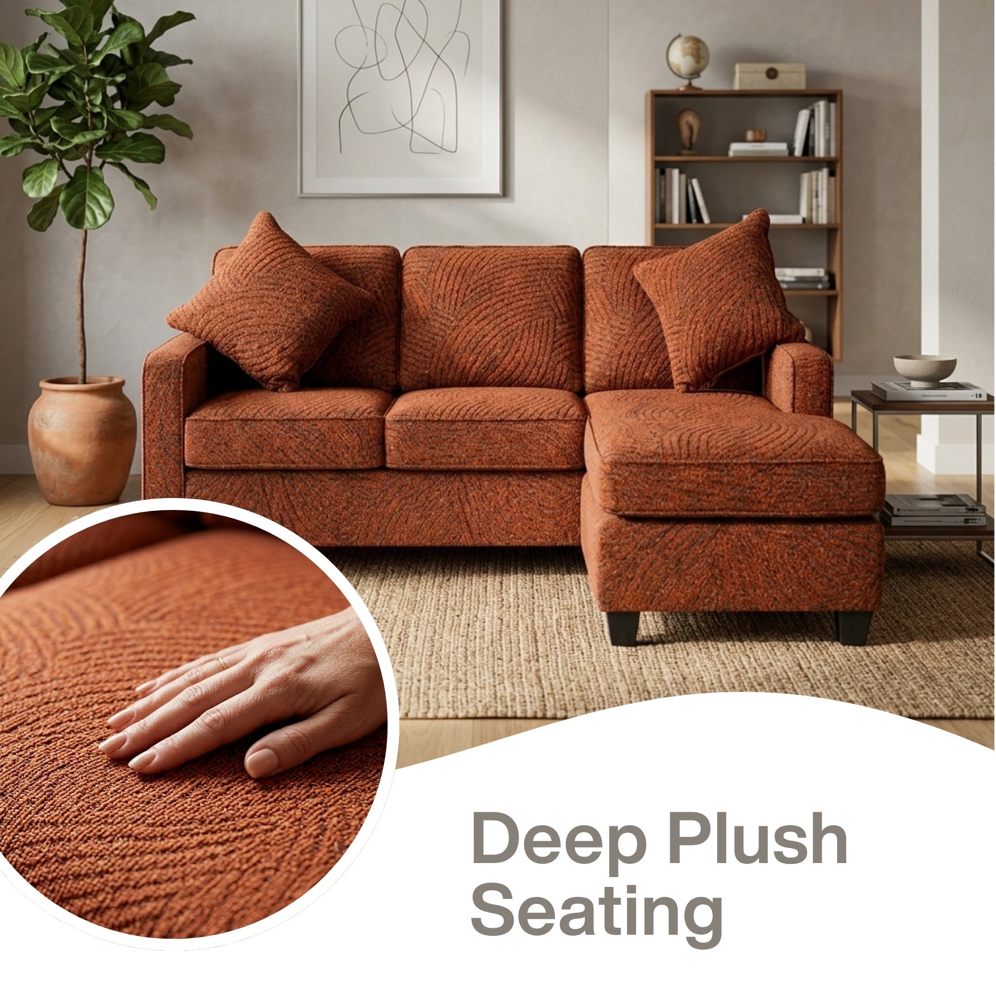 A beige A.C. Canadian made reversible sectional sofa with an orange chaise ottoman, showcasing modern design and comfortable seating.