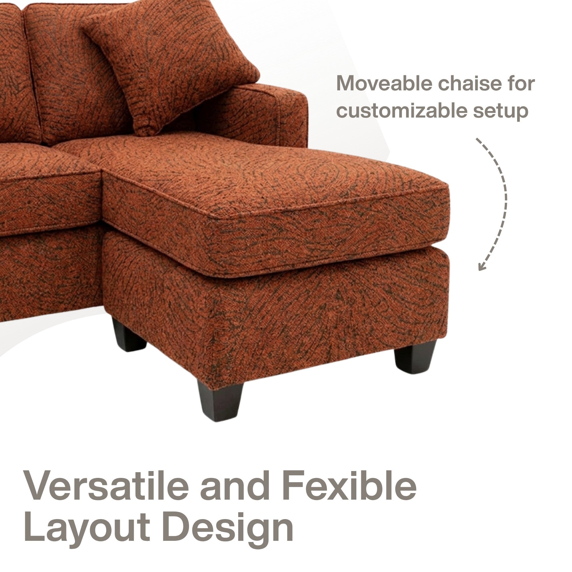 A beige A.C. Canadian made reversible sectional sofa with chaise and ottoman, featuring a stylish and versatile design.